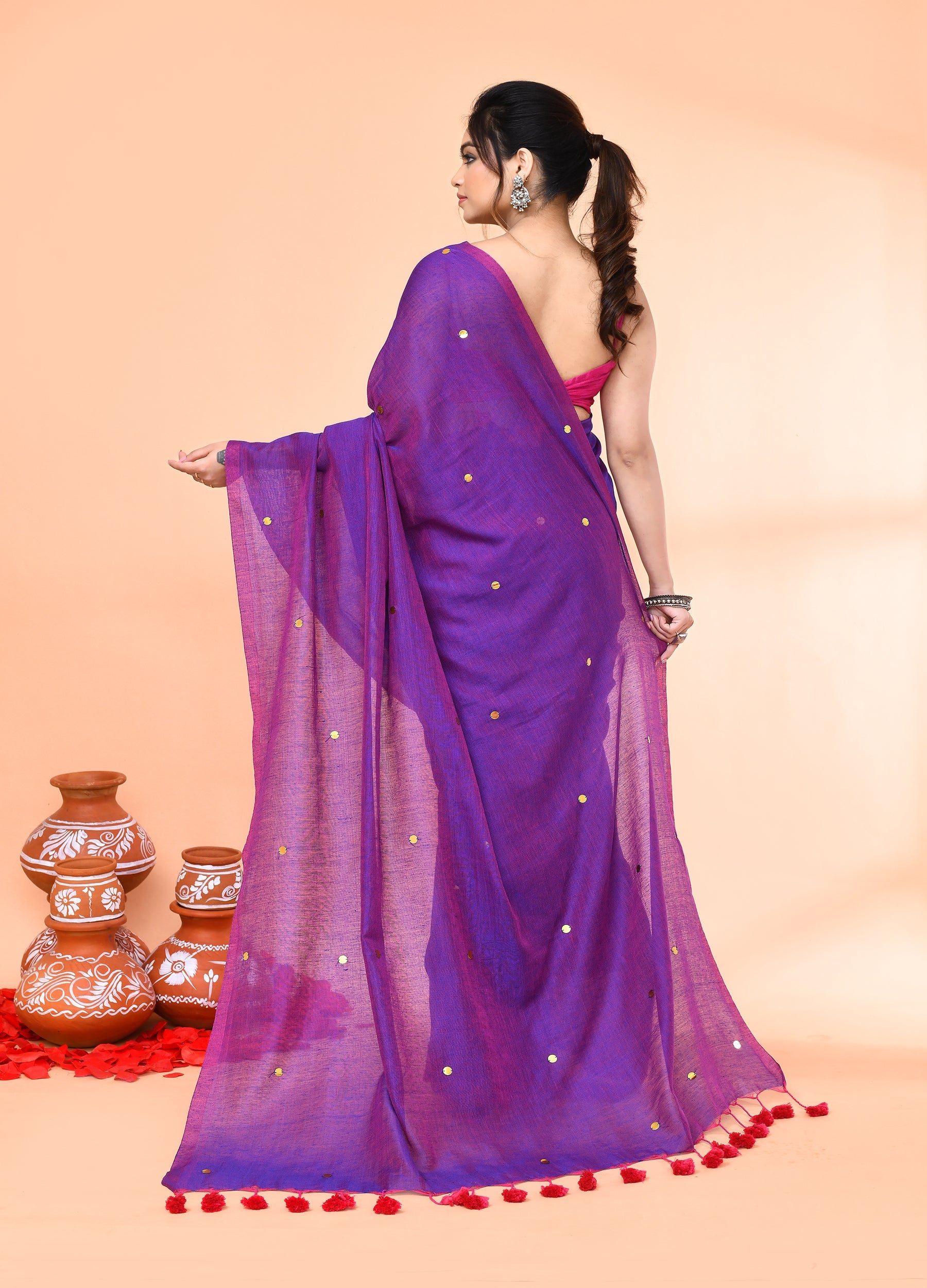 Piyari Fashion Women`s Cotton Handloom Purple Sequin Saree With Blouse
