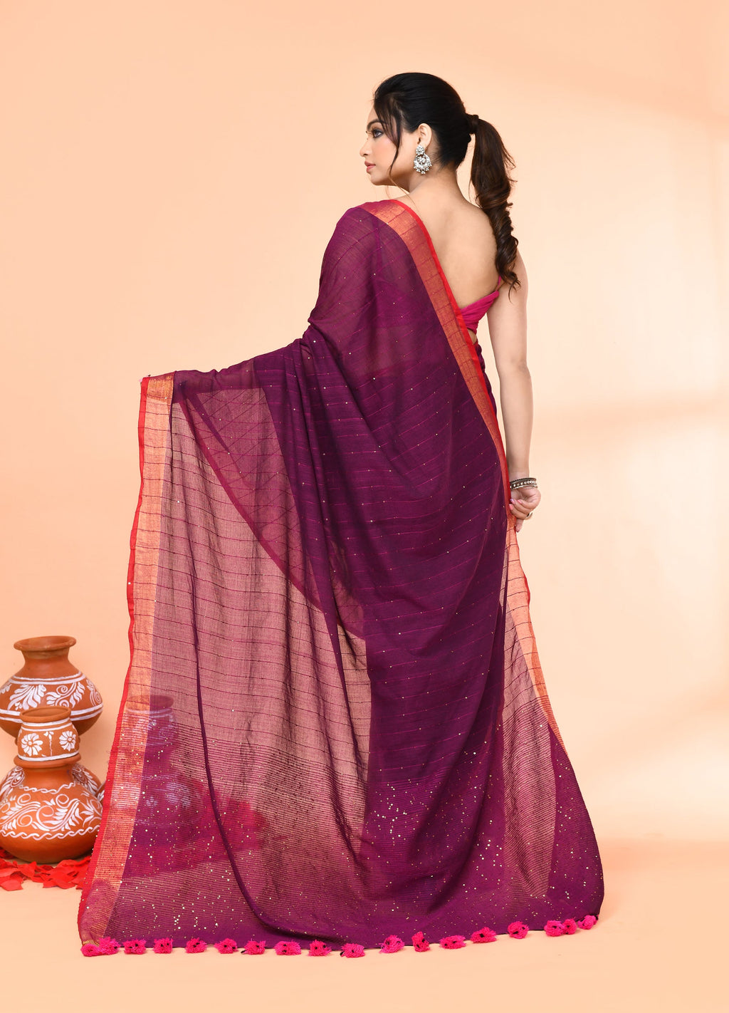 Piyari Fashion Women`s Cotton Handloom Magenta Sequin Saree With Blouse