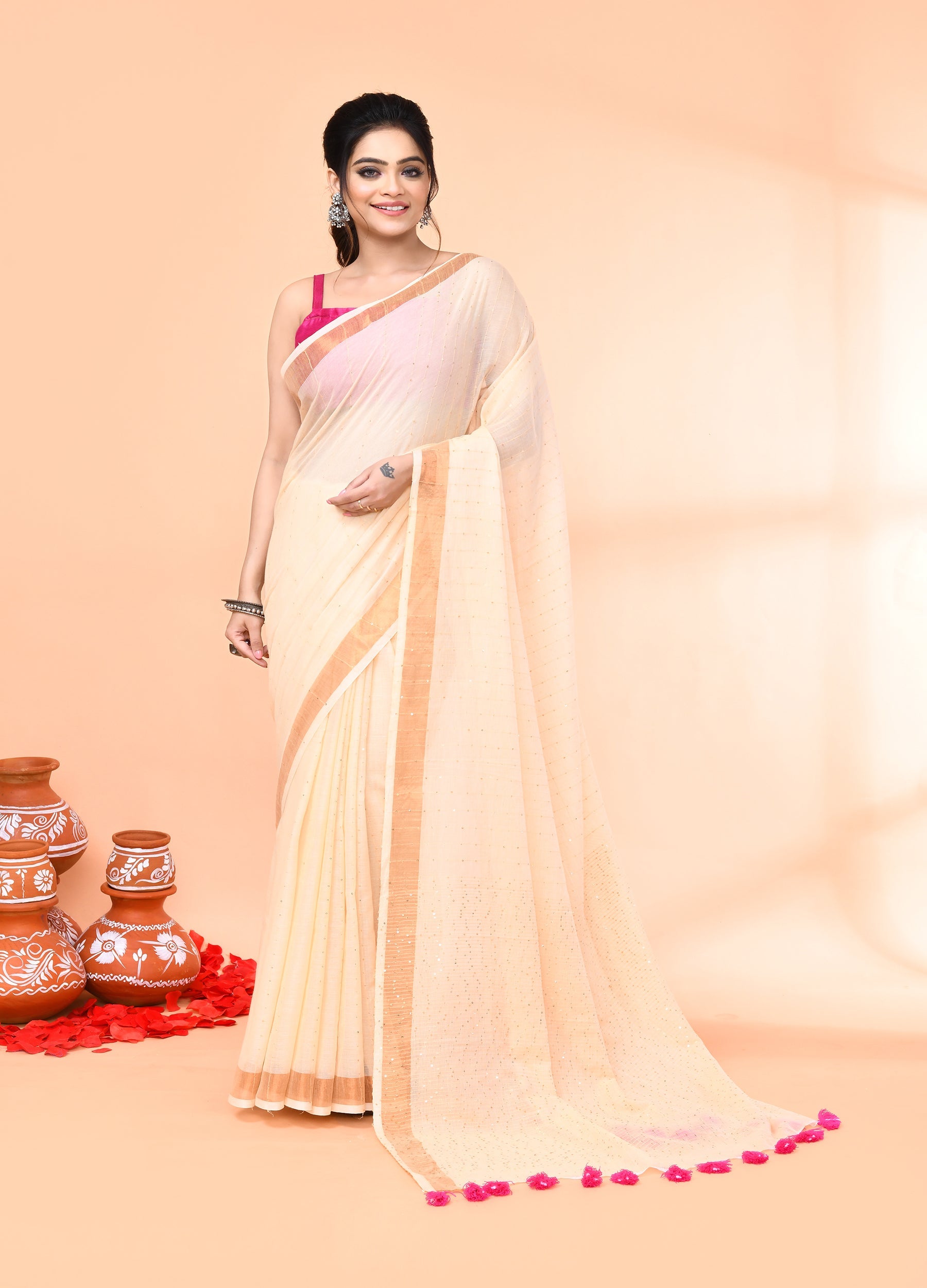 Piyari Fashion Women`s Cotton Handloom Light Tan Sequin Saree With Blouse