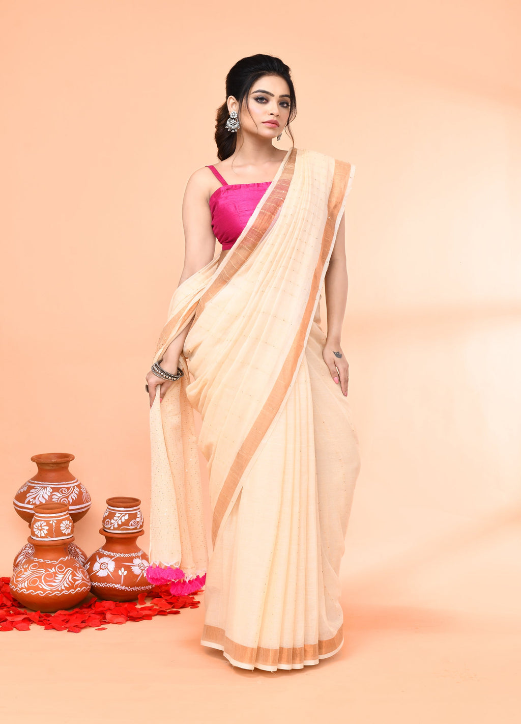 Piyari Fashion Women`s Cotton Handloom Light Tan Sequin Saree With Blouse