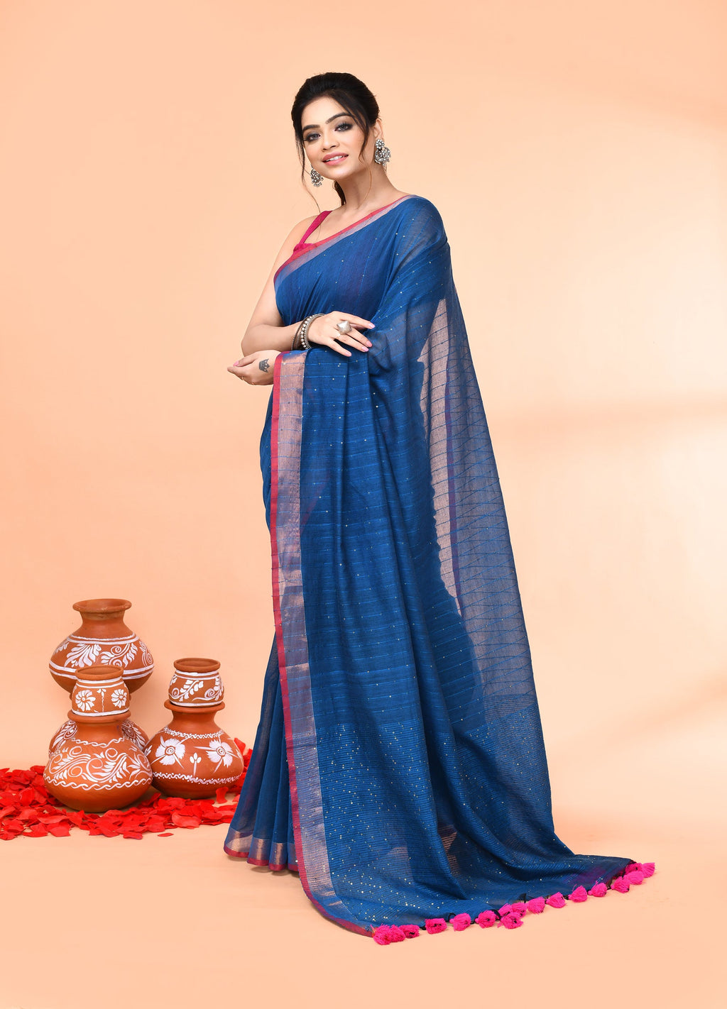 Piyari Fashion Women`s Cotton Handloom Deep Turquoise Sequin Saree With Blouse