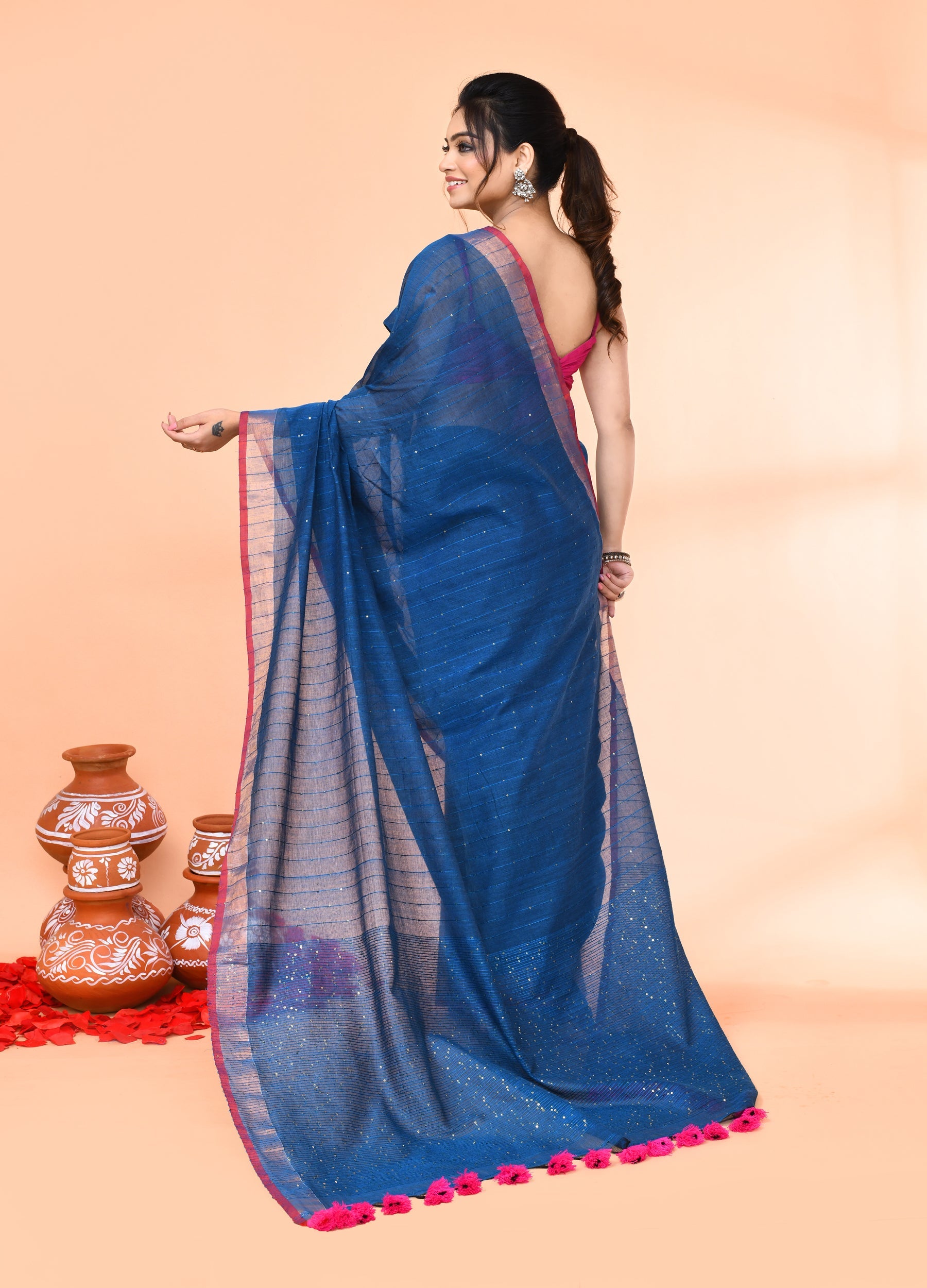 Piyari Fashion Women`s Cotton Handloom Deep Turquoise Sequin Saree With Blouse