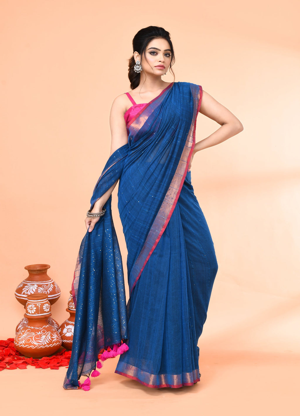 Piyari Fashion Women`s Cotton Handloom Deep Turquoise Sequin Saree With Blouse