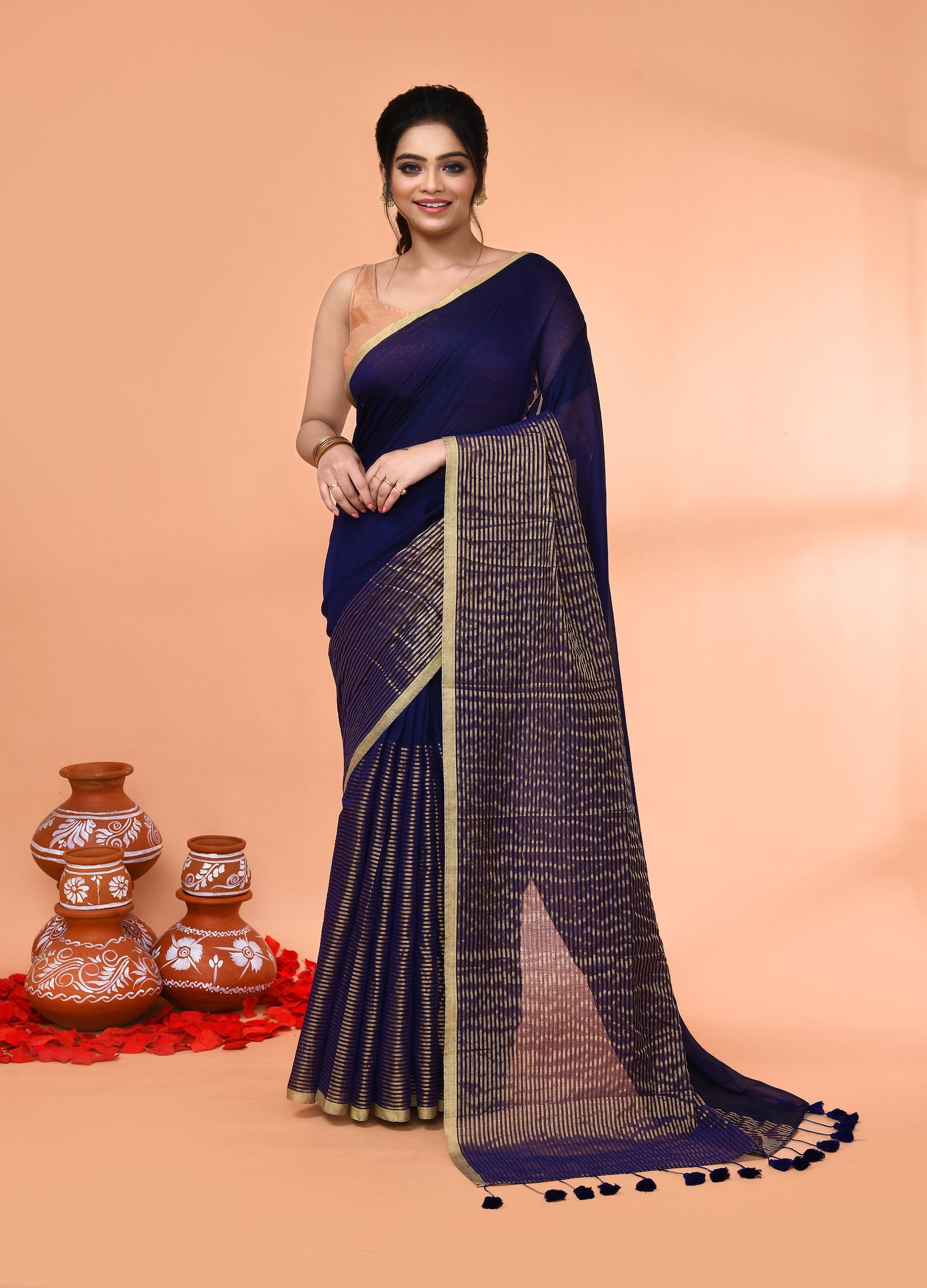 Piyari Fashion Women`s Blue Cotton Handloom Saree With Gold Zari Stripes