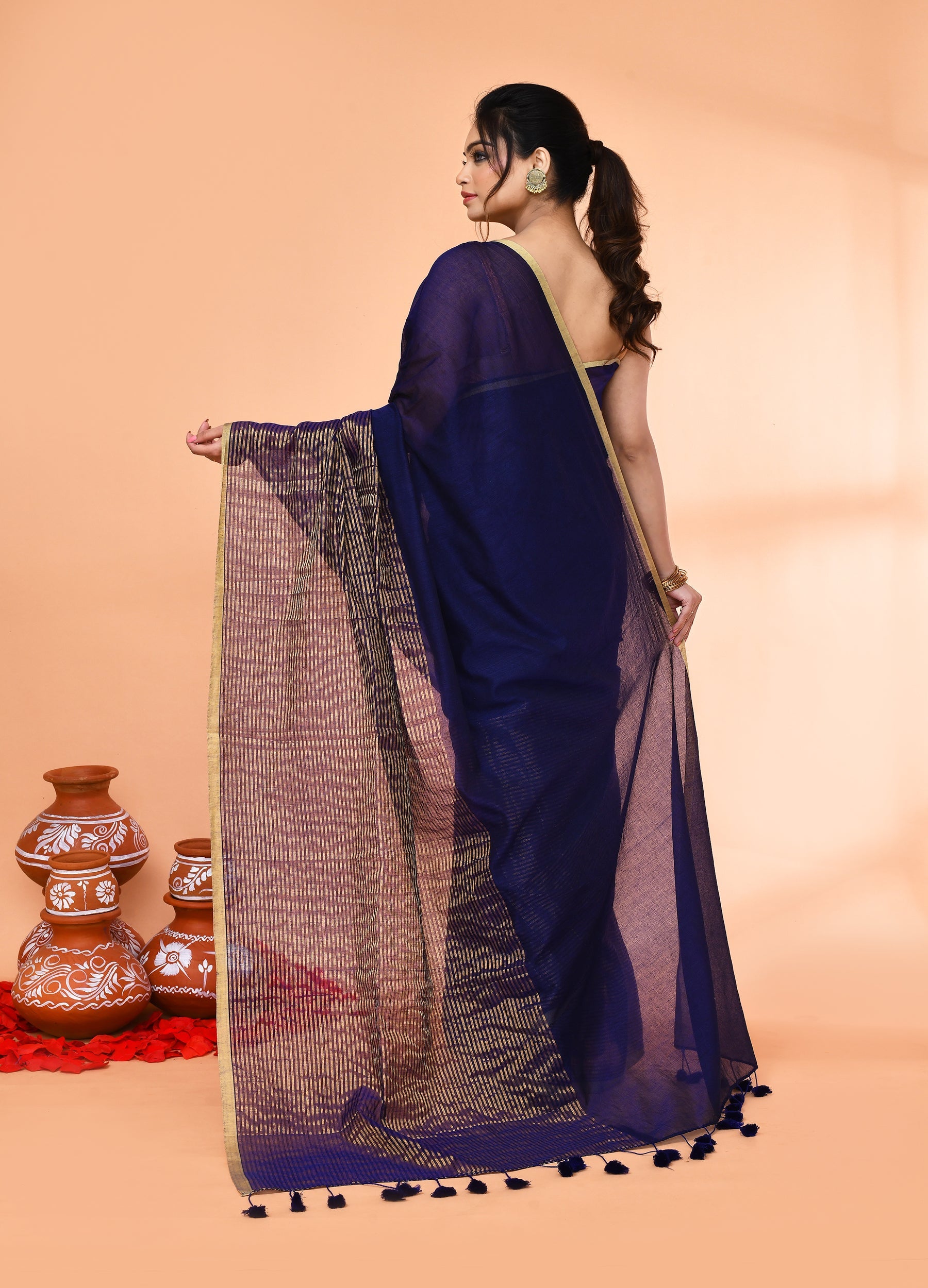Piyari Fashion Women`s Blue Cotton Handloom Saree With Gold Zari Stripes