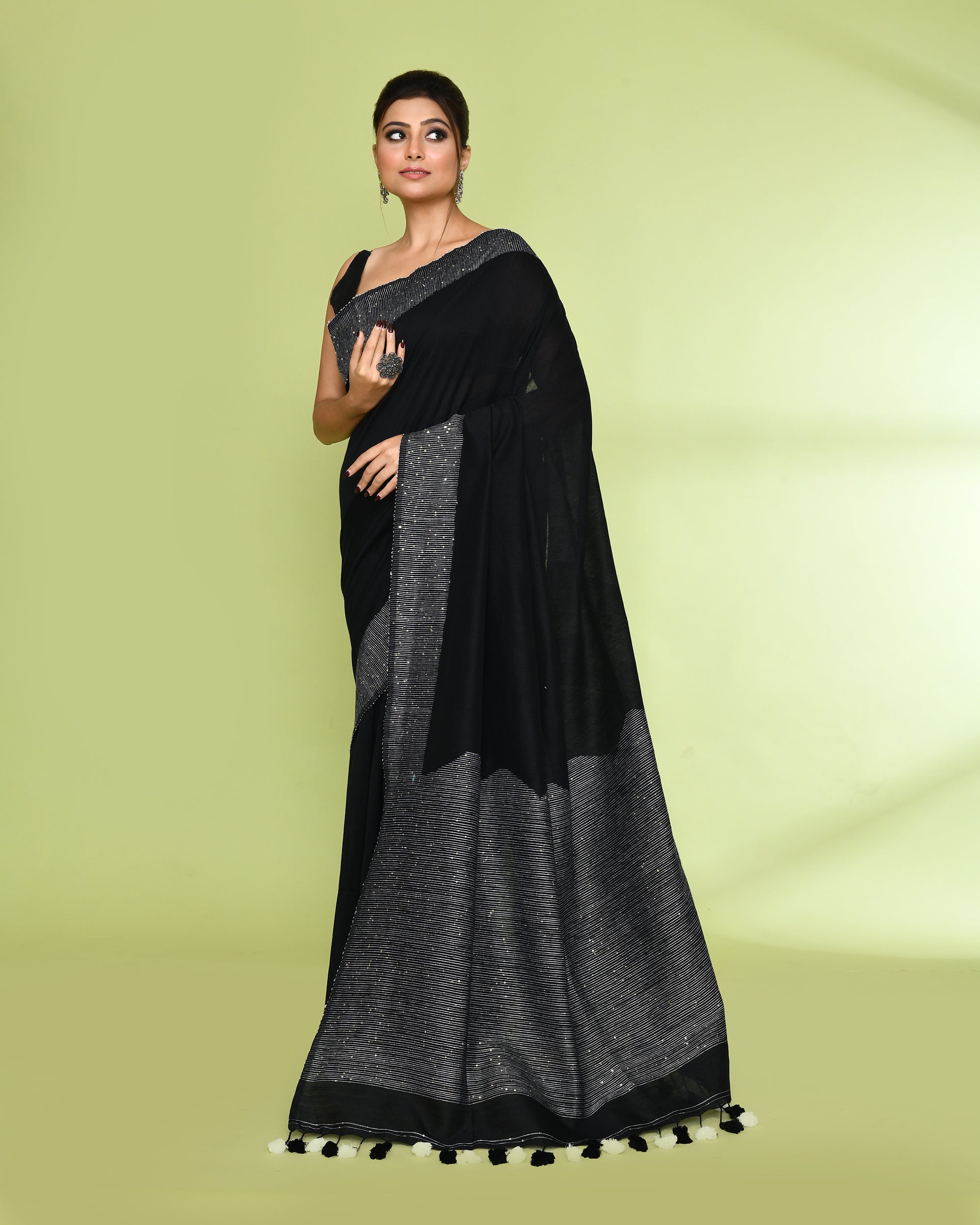 Piyari Fashion Women's Black Embellished Sequined Cotton Saree