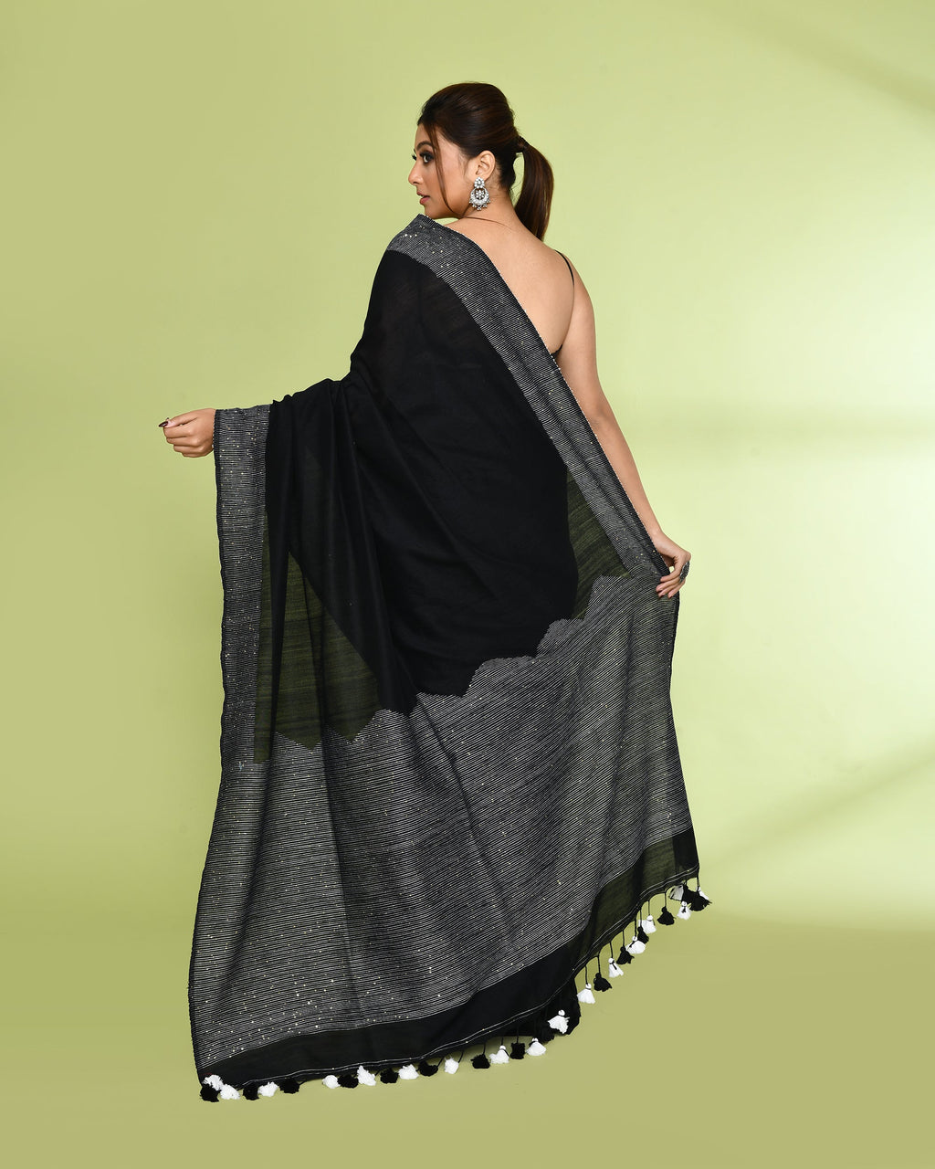 Piyari Fashion Women's Black Embellished Sequined Cotton Saree