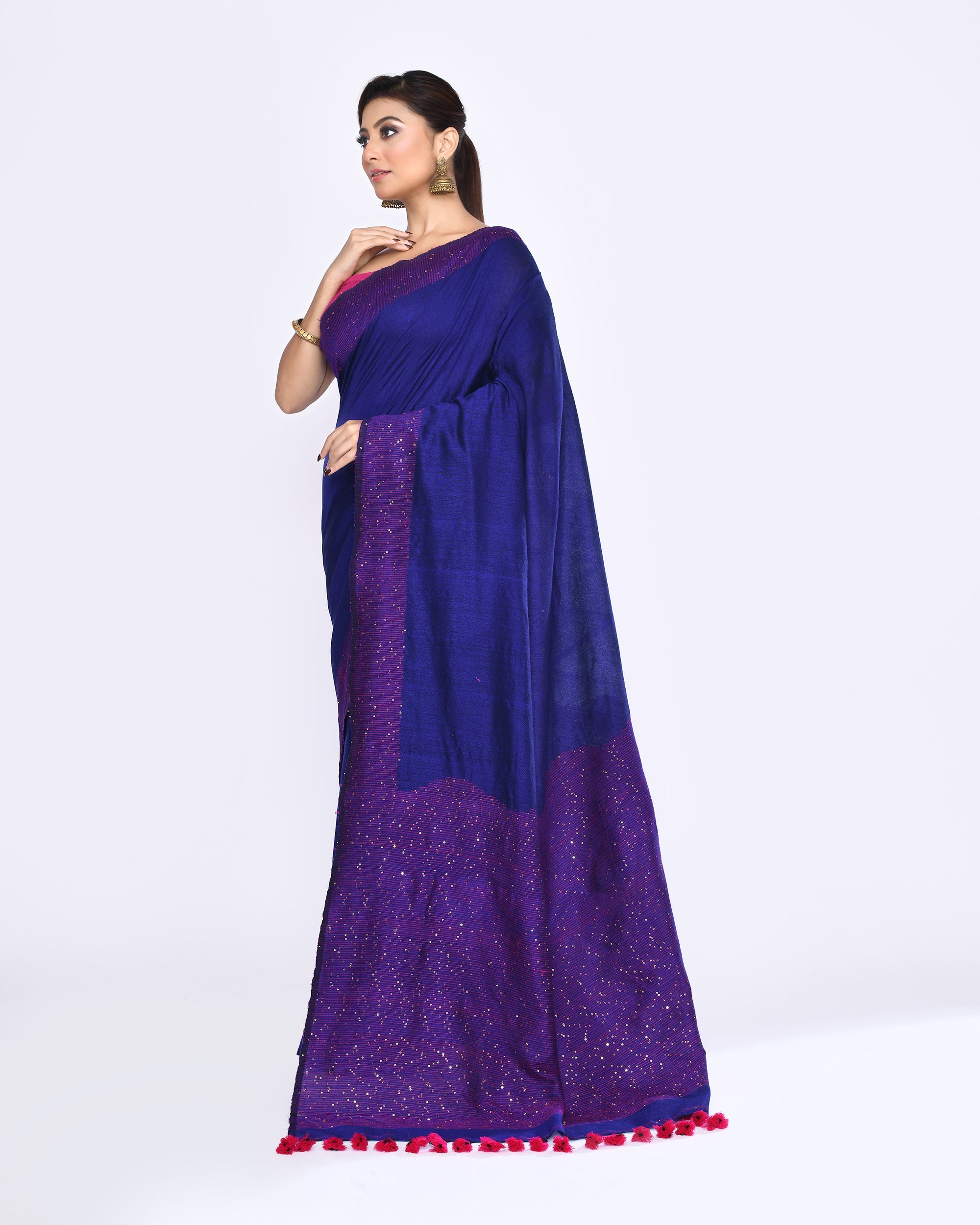 Piyari Fashion Women's Blue Embellished Sequined Cotton Saree