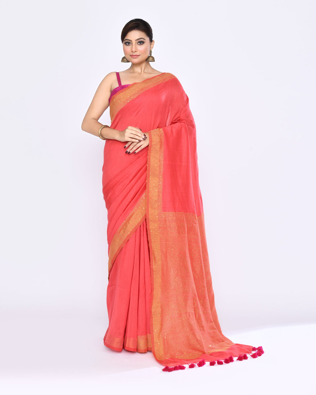 Piyari Fashion Women's Tomato Red Embellished Sequined Cotton Saree