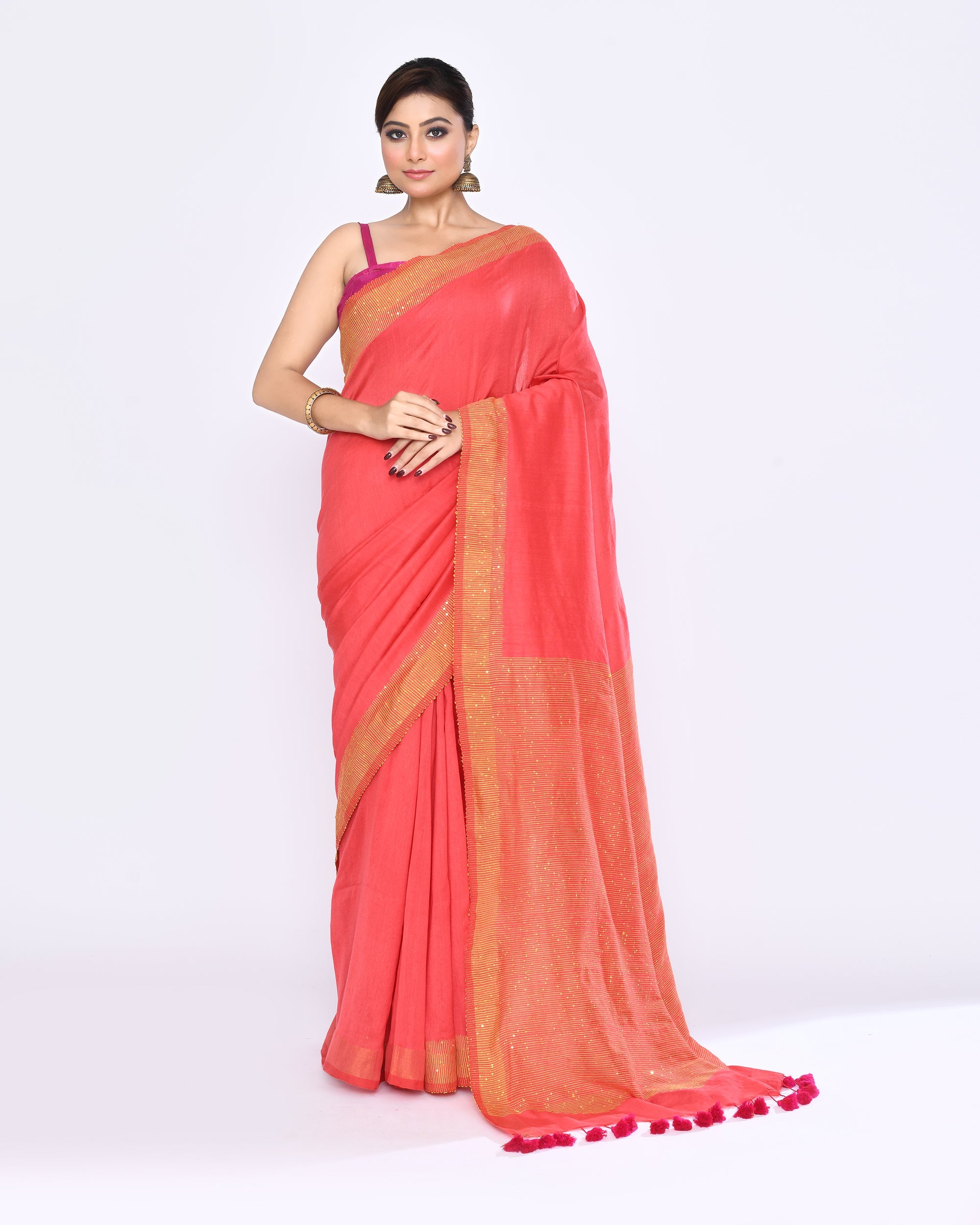 Piyari Fashion Women's Tomato Red Embellished Sequined Cotton Saree
