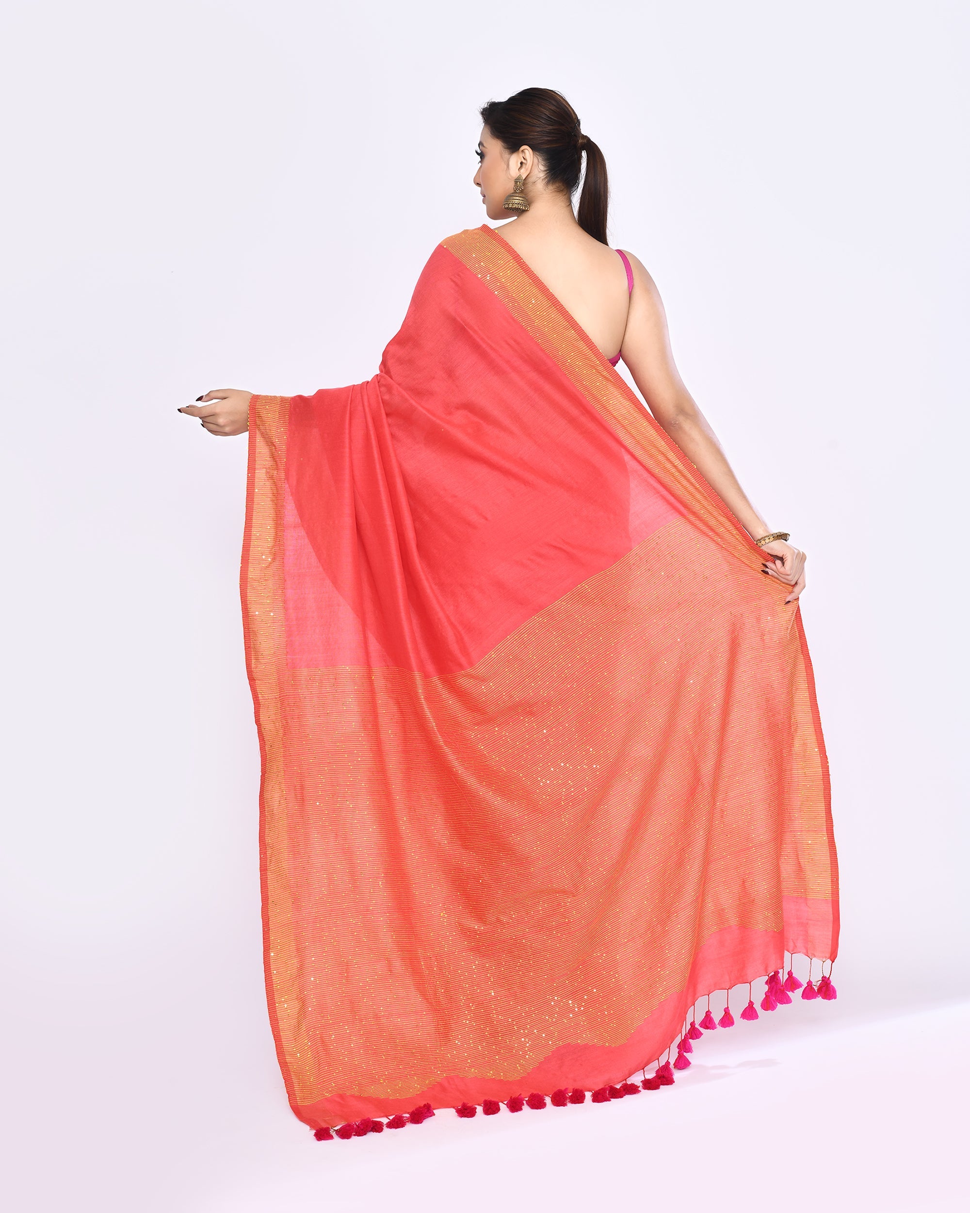 Piyari Fashion Women's Tomato Red Embellished Sequined Cotton Saree