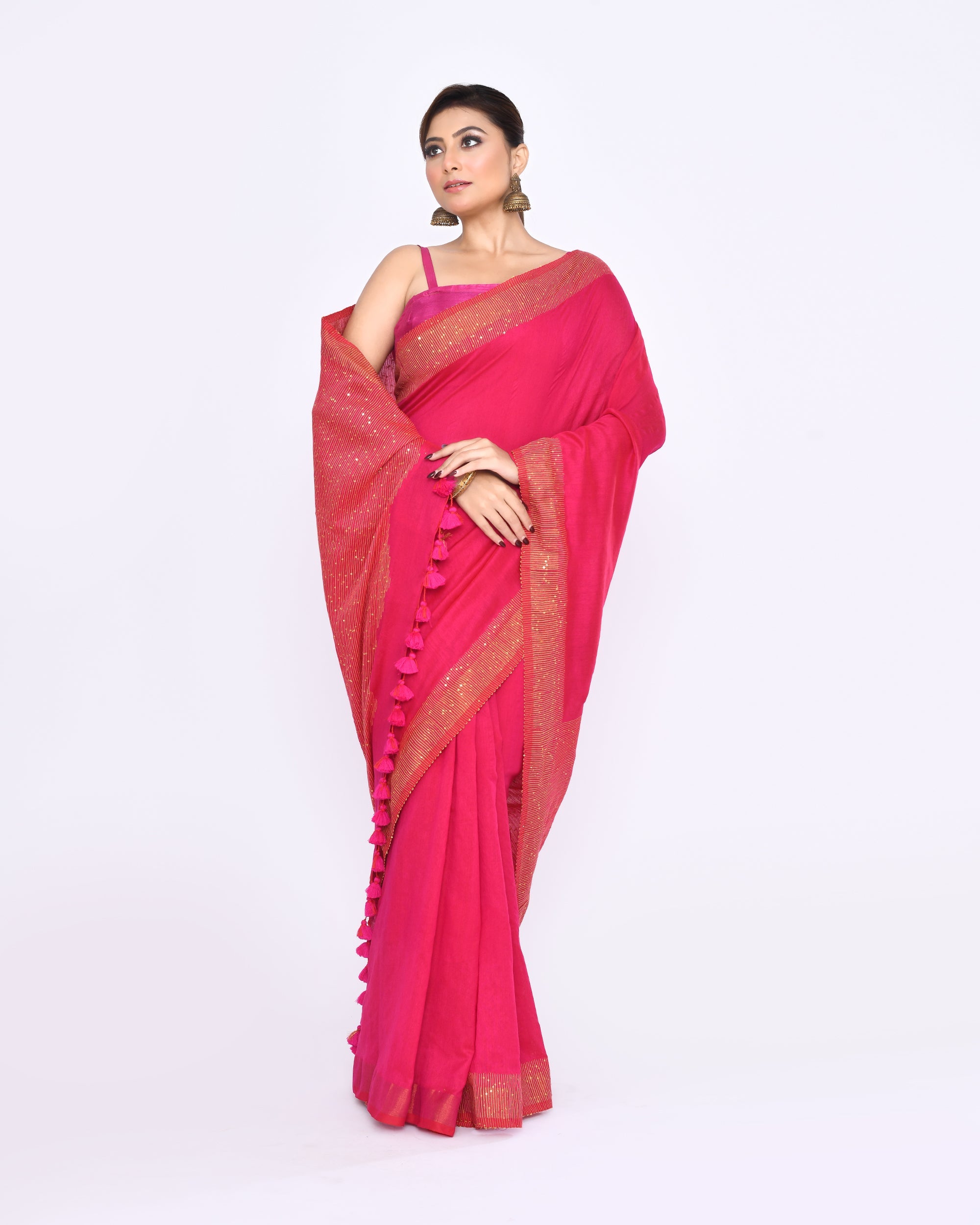 Piyari Fashion Women's Rani Pink Embellished Sequined Cotton Saree