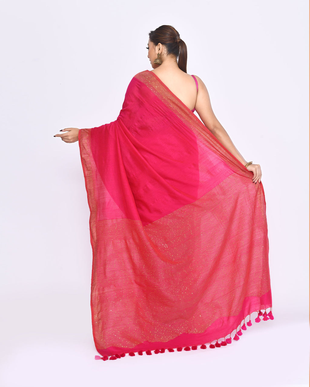 Piyari Fashion Women's Rani Pink Embellished Sequined Cotton Saree