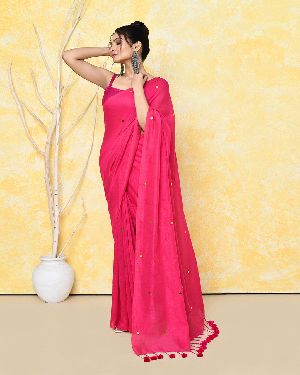 Piyari Fashion Women's Pink Sequin Work Soft Pure Cotton Saree With Blouse Piece