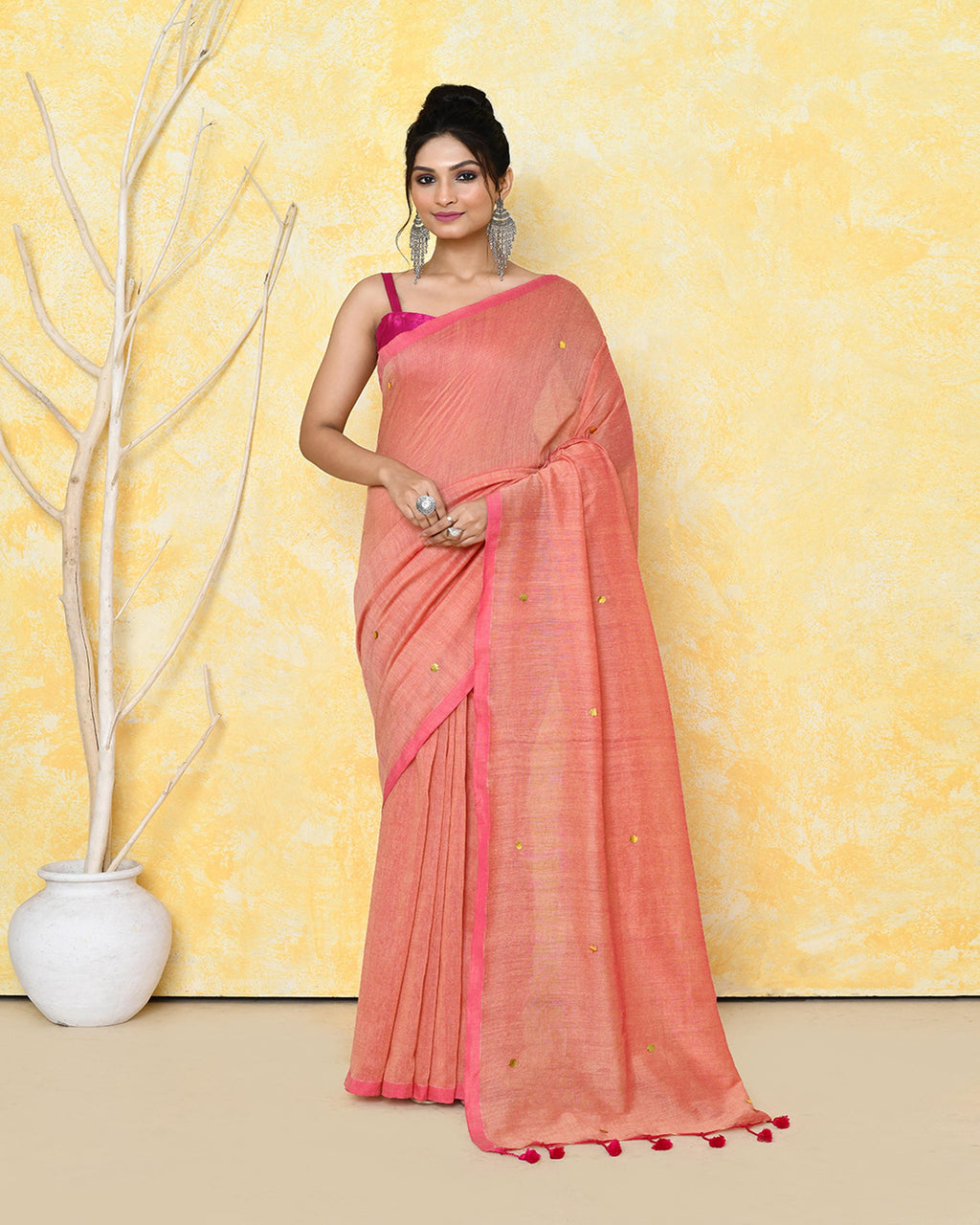 Piyari Fashion Women's Peach Sequin Work Soft Pure Cotton Saree With Blouse Piece