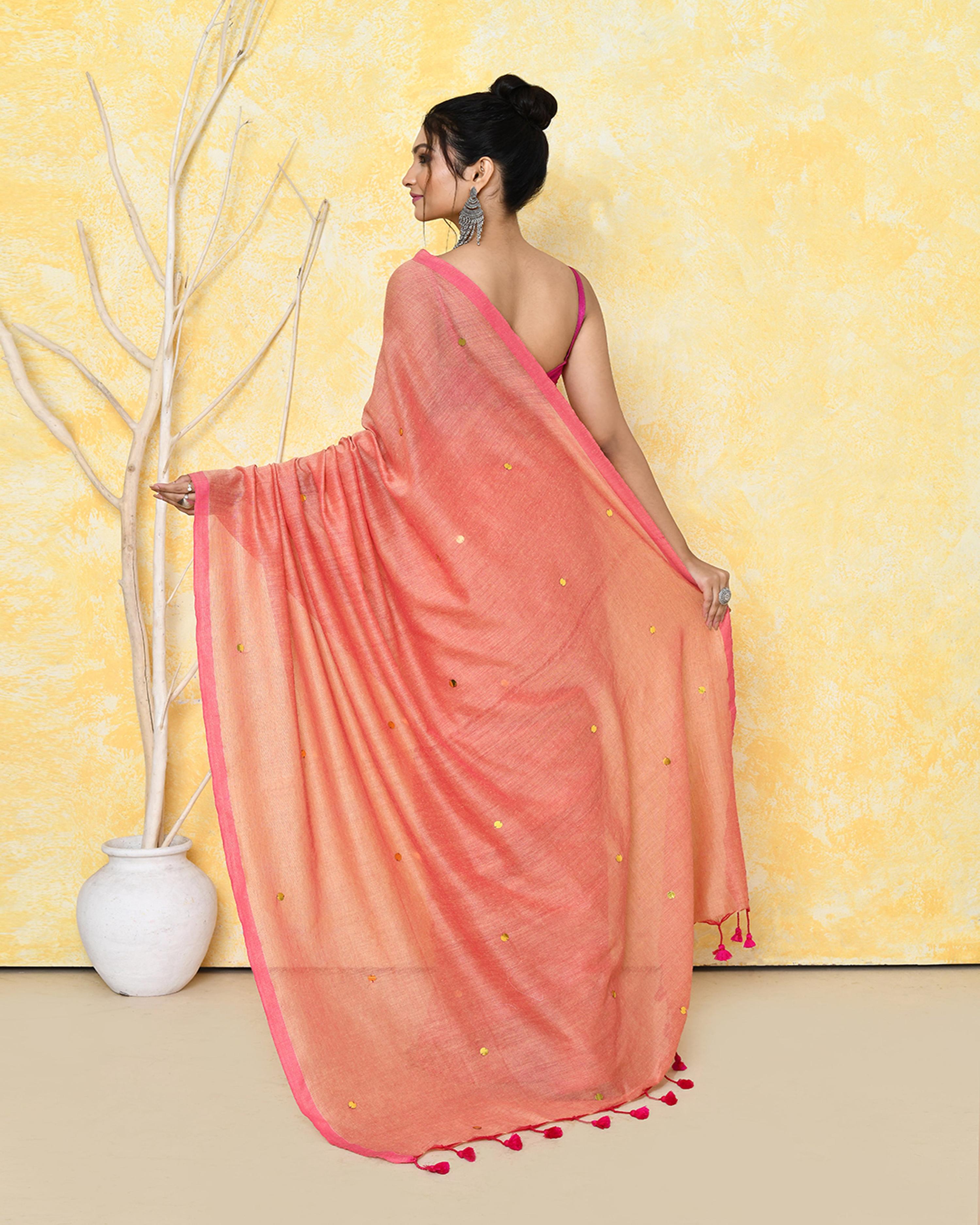 Piyari Fashion Women's Peach Sequin Work Soft Pure Cotton Saree With Blouse Piece