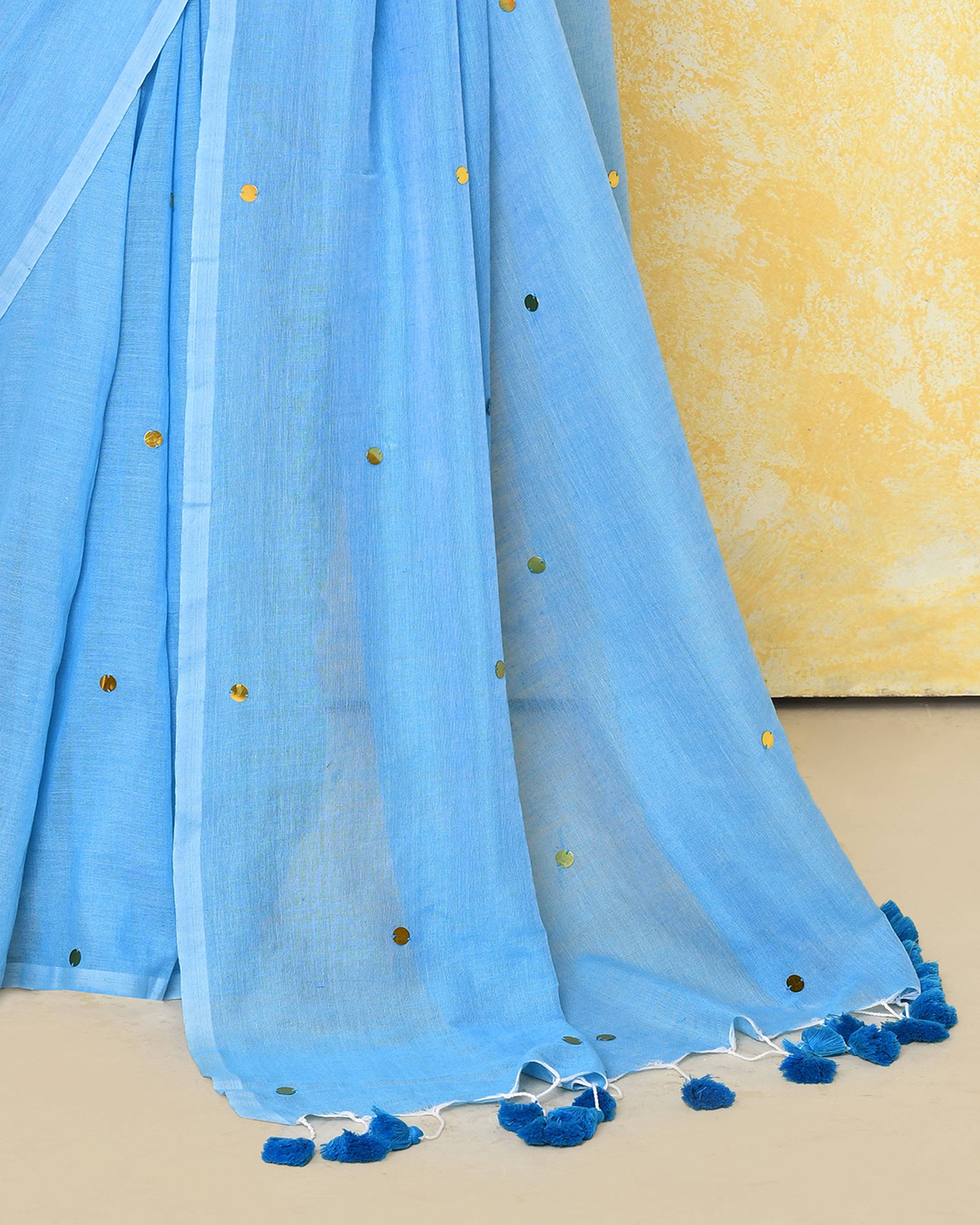 Piyari Fashion Women's Sky Blue Sequin Work Soft Pure Cotton Saree With Blouse Piece