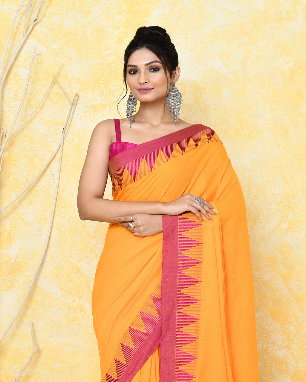 Piyari Fashion Women's Mustard Yellow Hand Work Cotton Saree With Blouse Piece