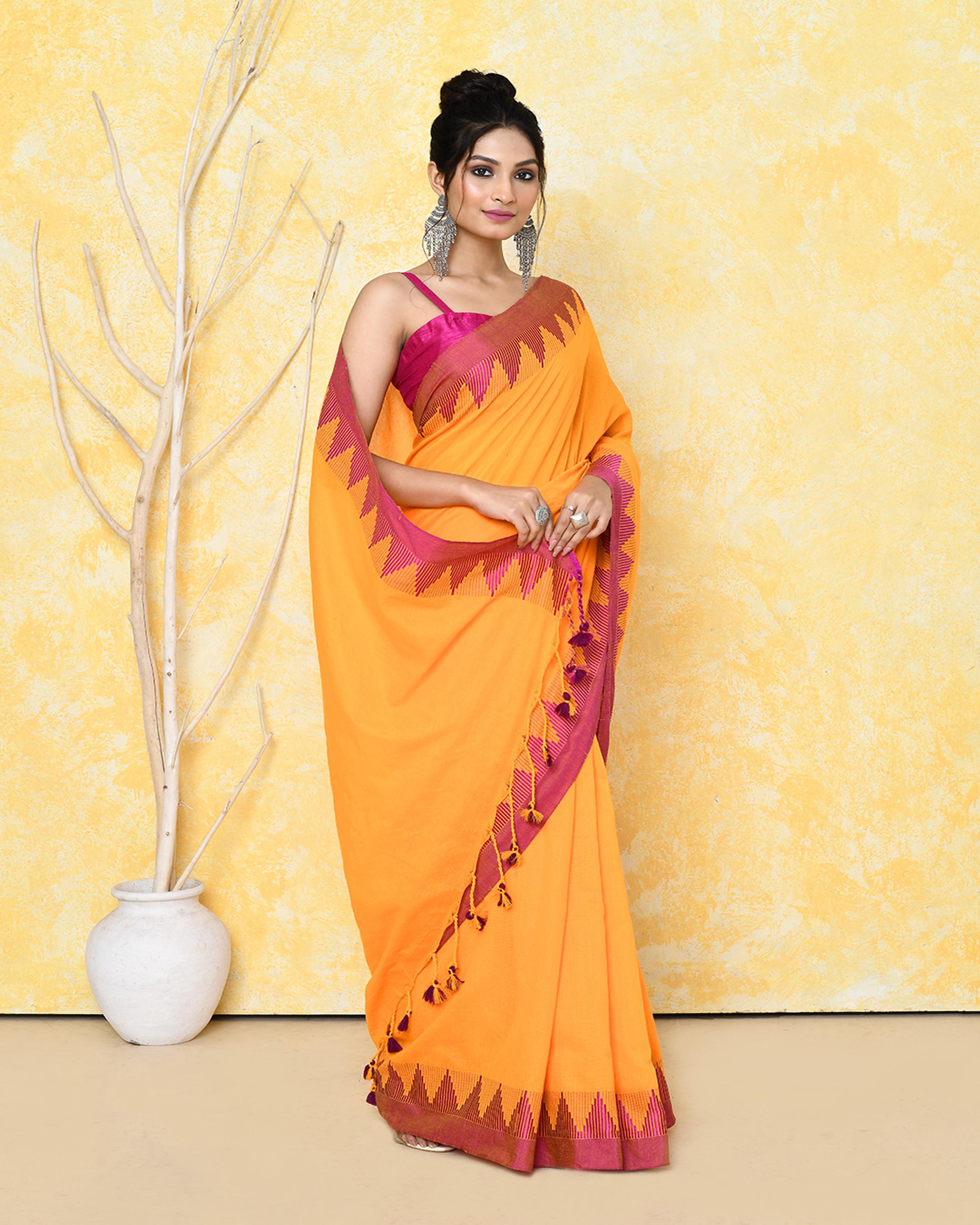 Piyari Fashion Women's Mustard Yellow Hand Work Cotton Saree With Blouse Piece