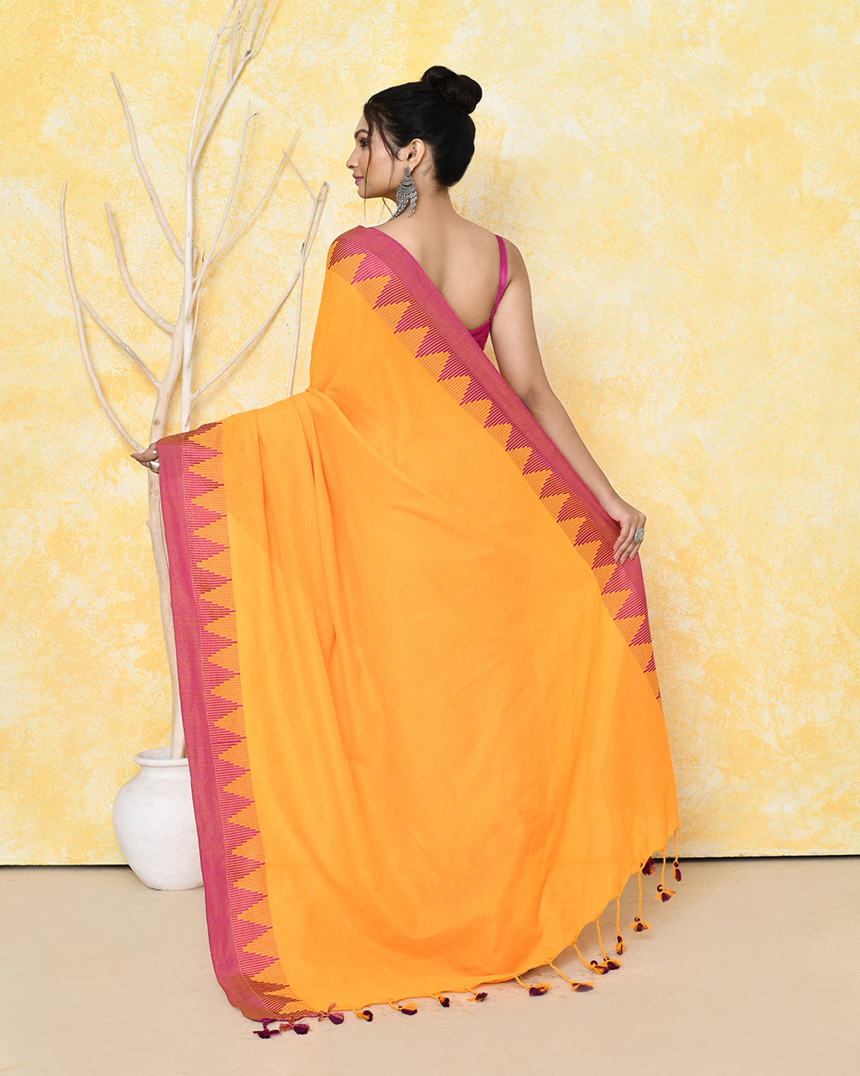 Piyari Fashion Women's Mustard Yellow Hand Work Cotton Saree With Blouse Piece