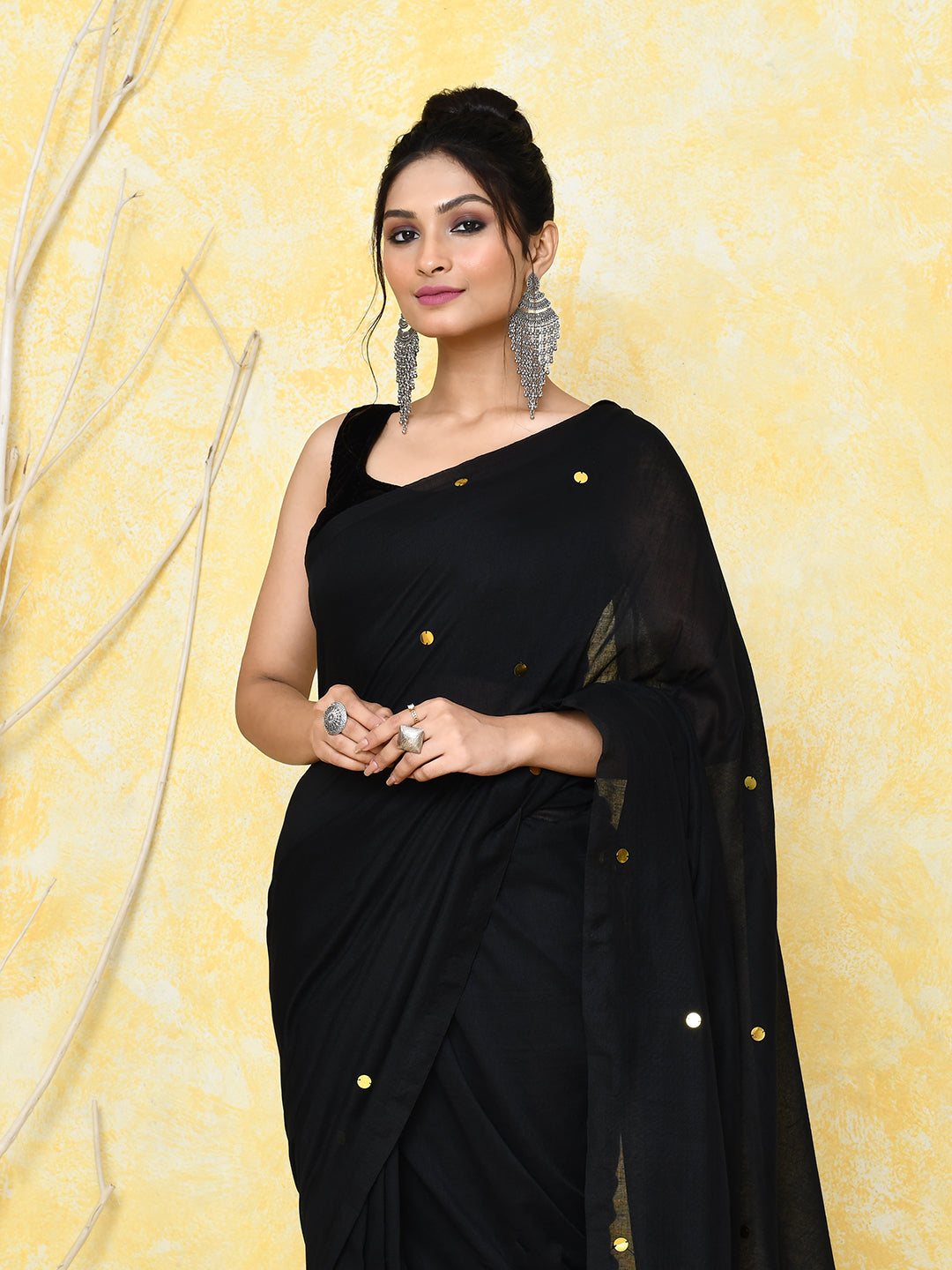 Piyari Fashion Women's Black Sequin Work Soft Pure Cotton Saree With Blouse Piece