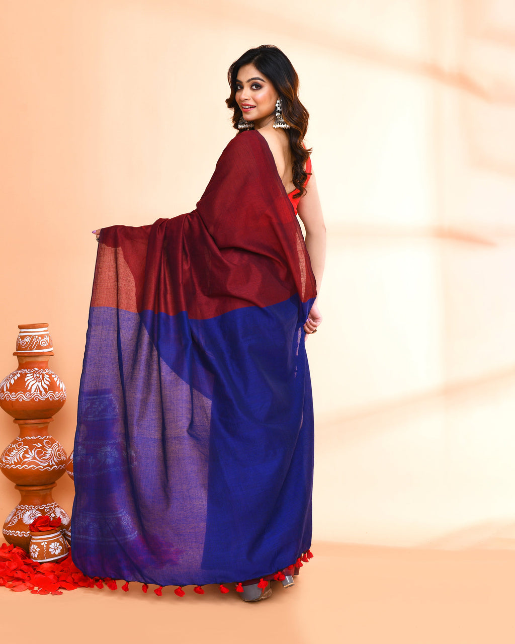 Piyari Fashion Handspun Cotton Maroon Handloom Saree With Blouse