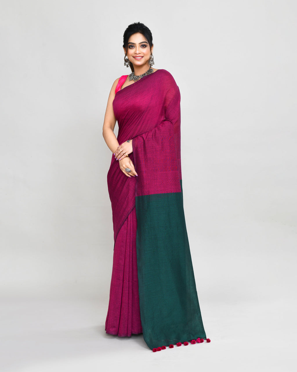 Piyari Fashion Handspun Cotton Rani Pink Handloom Saree With Blouse