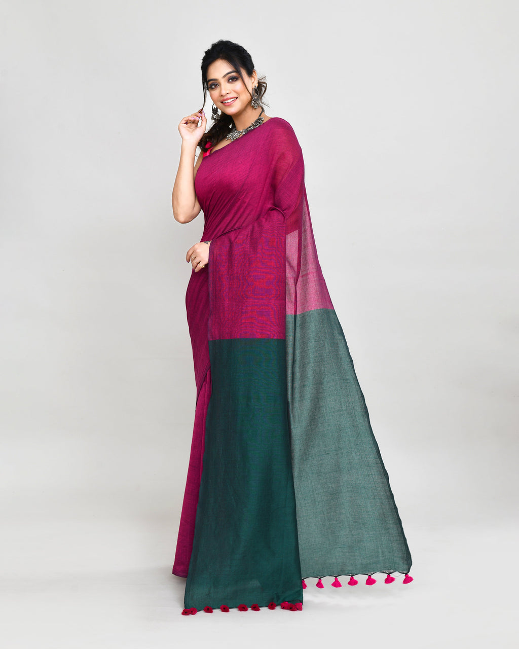 Piyari Fashion Handspun Cotton Rani Pink Handloom Saree With Blouse