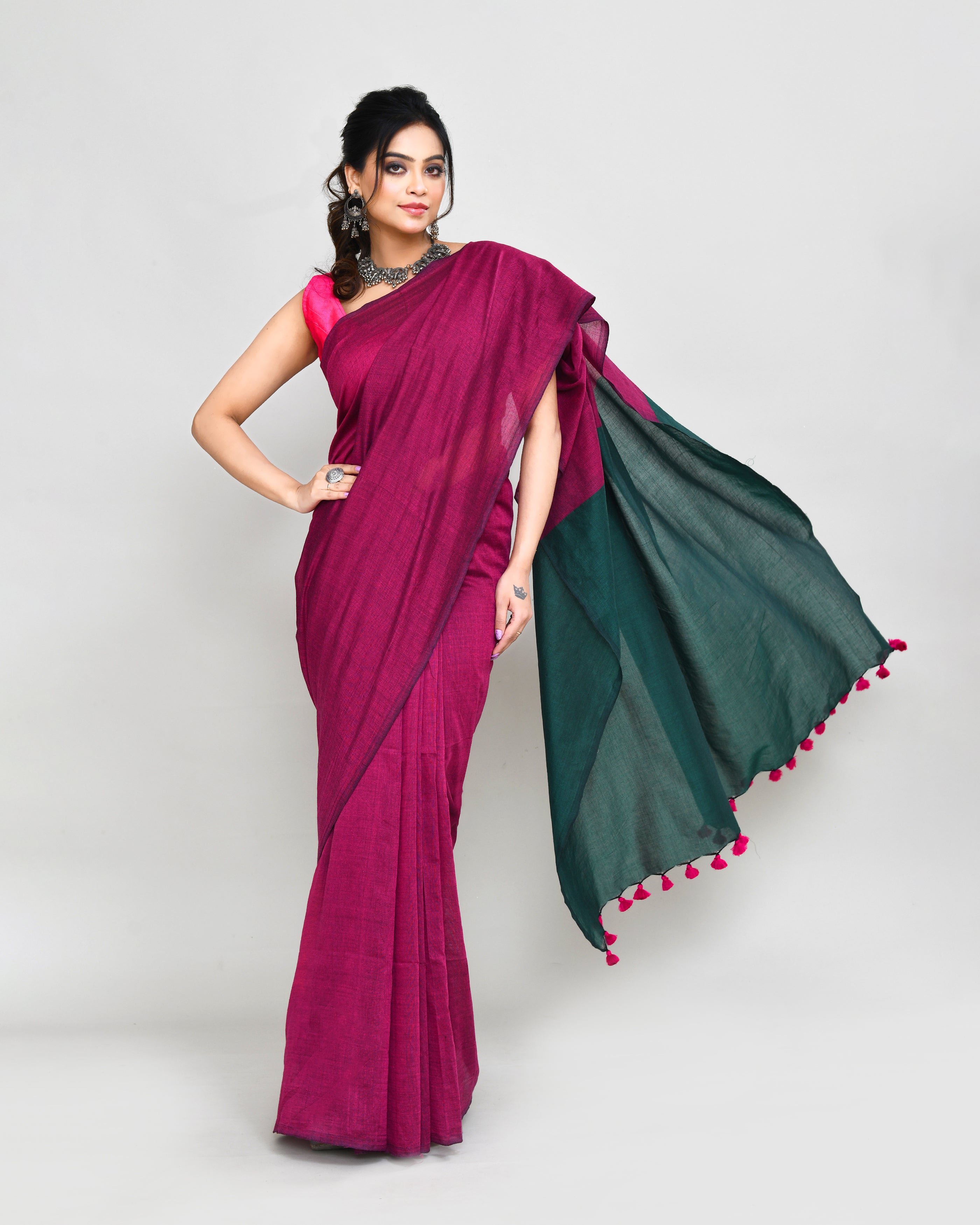 Piyari Fashion Handspun Cotton Rani Pink Handloom Saree With Blouse