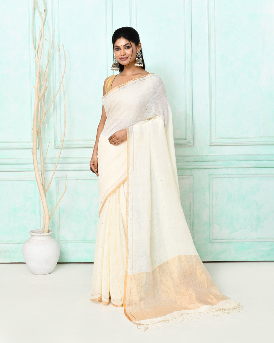 Piyari Fashion Women's White Handloom Linen Sequin Saree With Blouse
