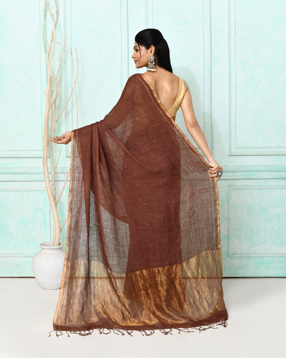 Piyari Fashion Women's Brown Handloom Linen Sequin Saree With Blouse