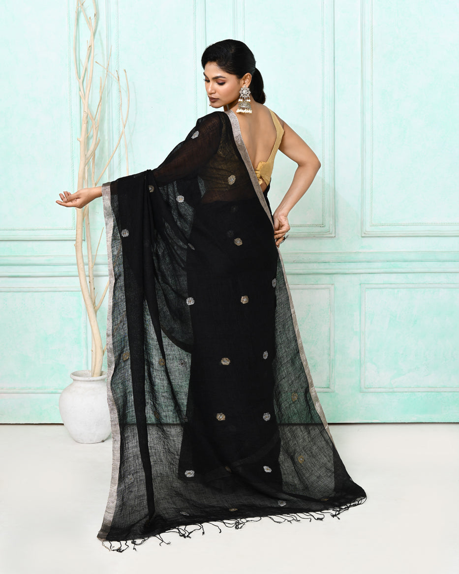 Piyari Fashion Women's Black Handloom Linen Jamdani Saree With Blouse