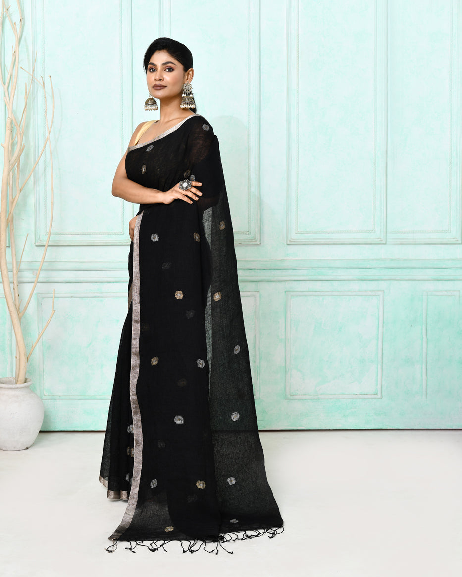Piyari Fashion Women's Black Handloom Linen Jamdani Saree With Blouse