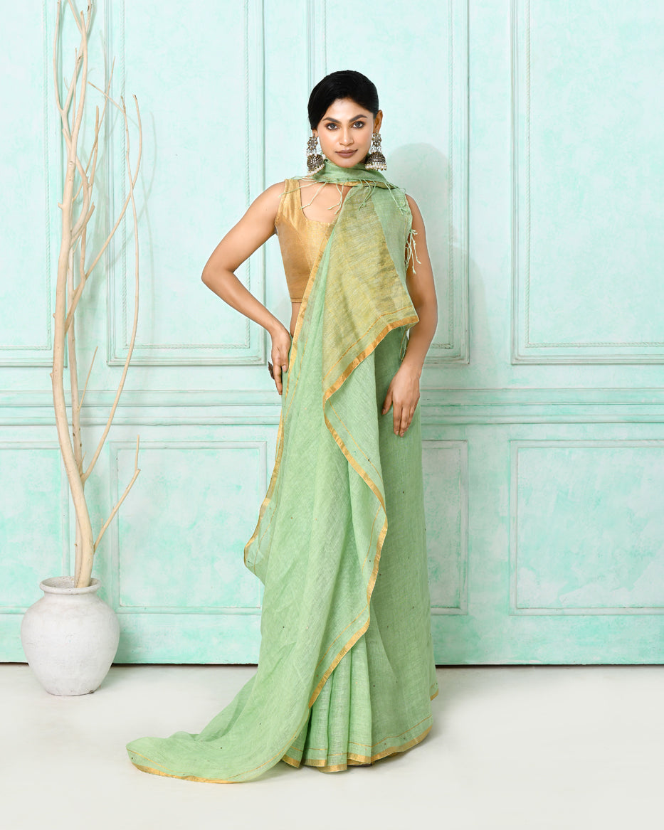 Piyari Fashion Women's Sea Green Handloom Linen Sequin Saree With Blouse