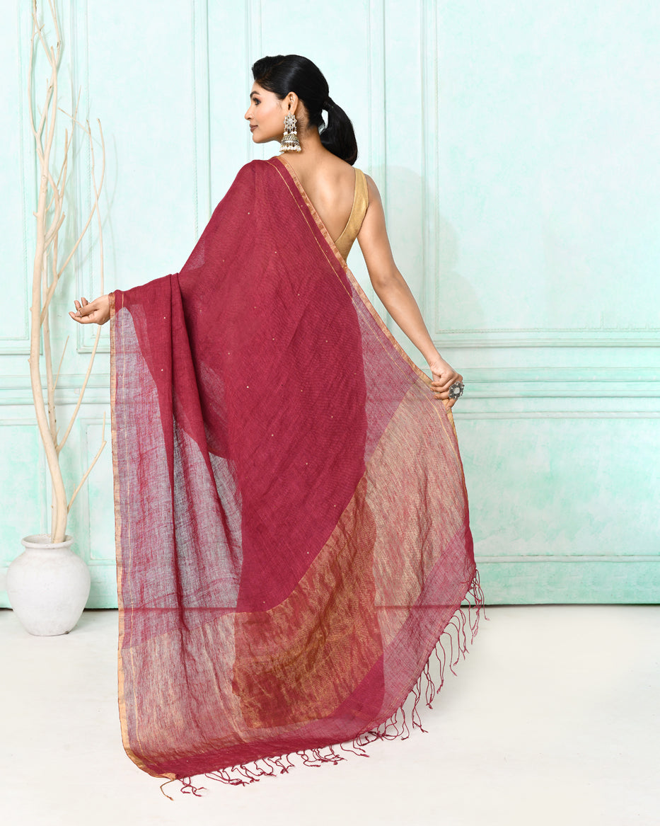 Piyari Fashion Women's Maroon Handloom Linen Sequin Saree With Blouse