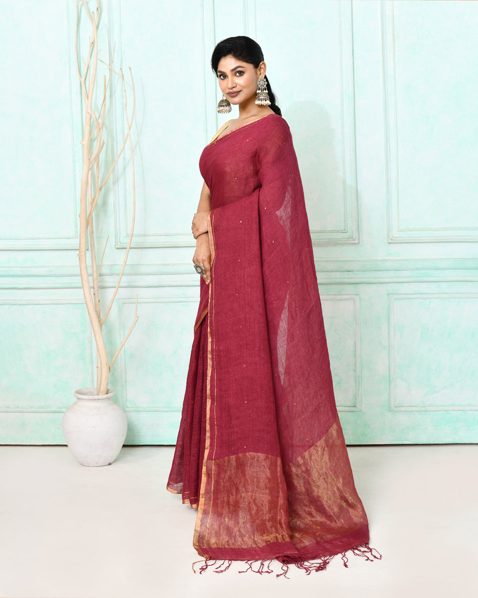Piyari Fashion Women's Maroon Handloom Linen Sequin Saree With Blouse