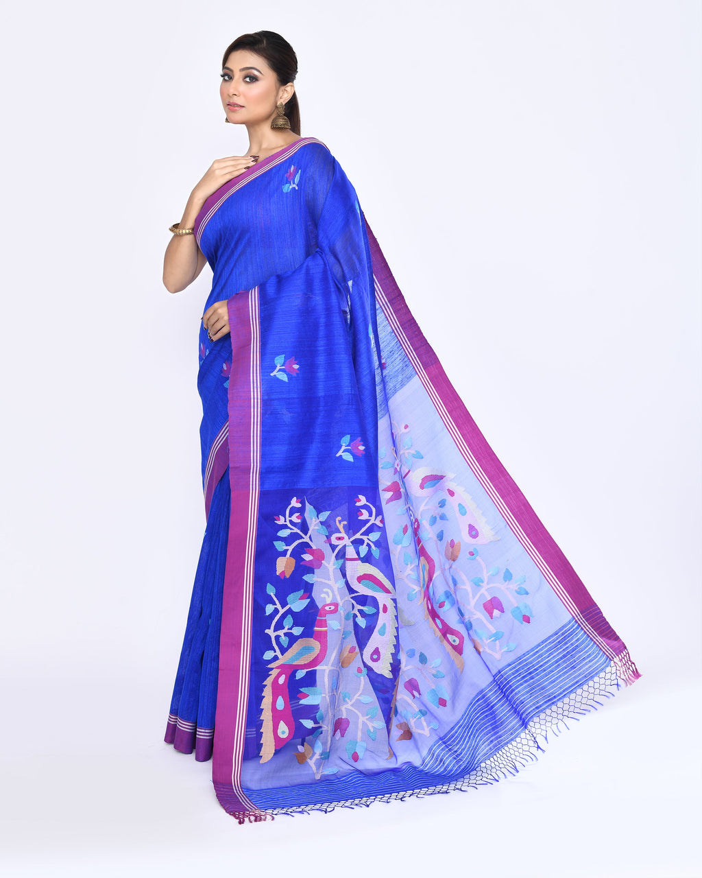 Piyari Fashion Women's Royal Blue Embellished Matka Silk Jamdani Saree