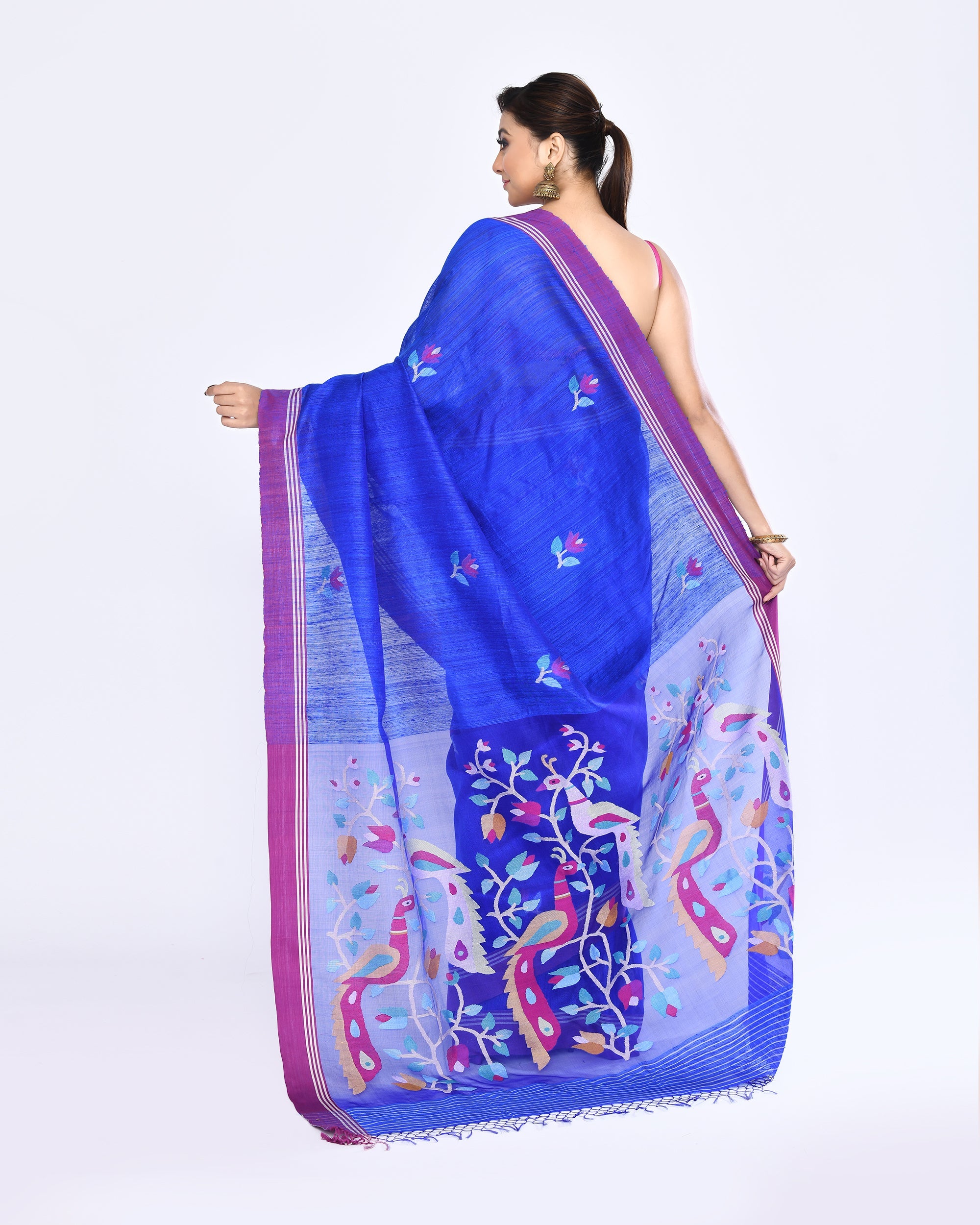Piyari Fashion Women's Royal Blue Embellished Matka Silk Jamdani Saree
