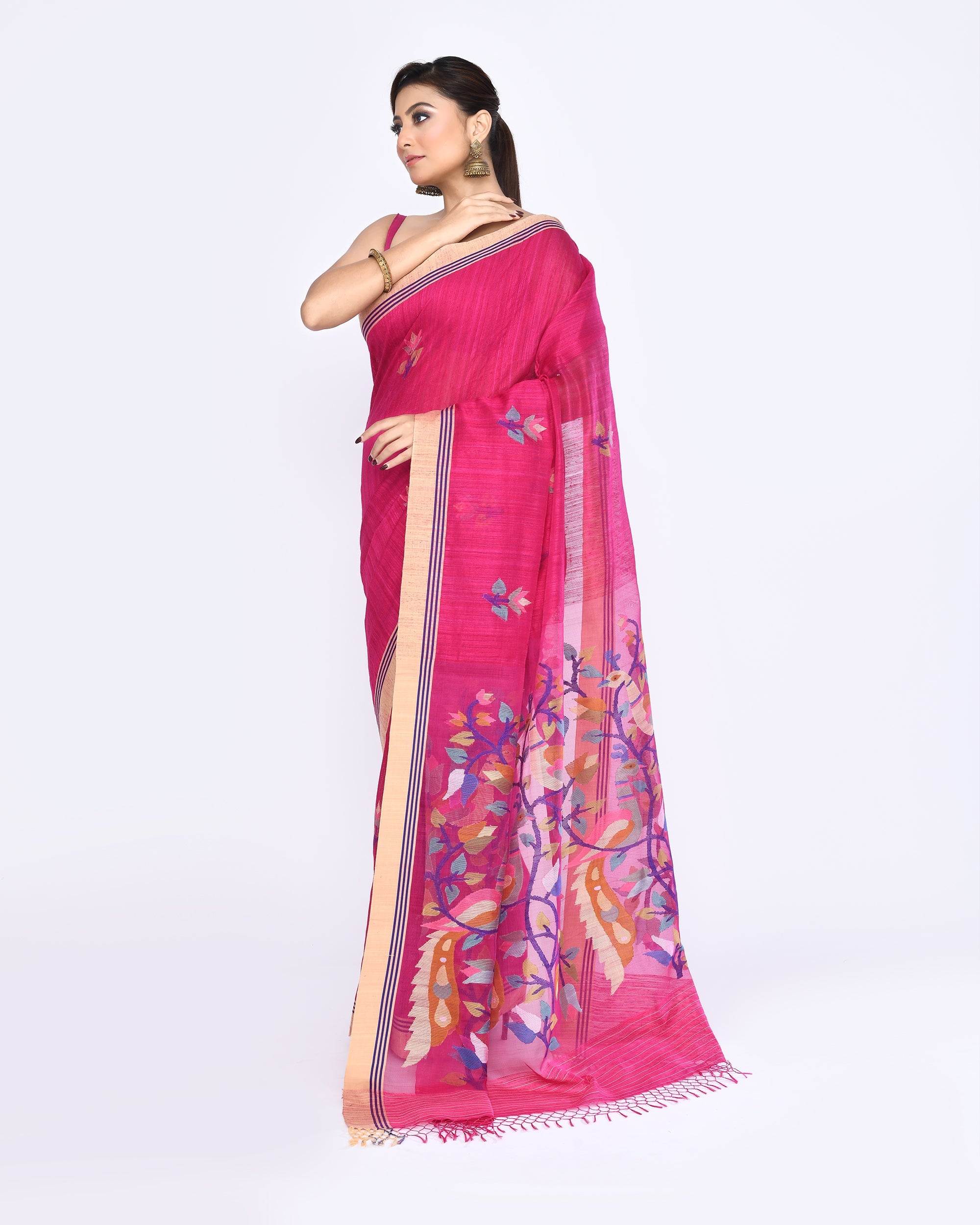 Piyari Fashion Women's Rani Pink Embellished Matka Silk Jamdani Saree