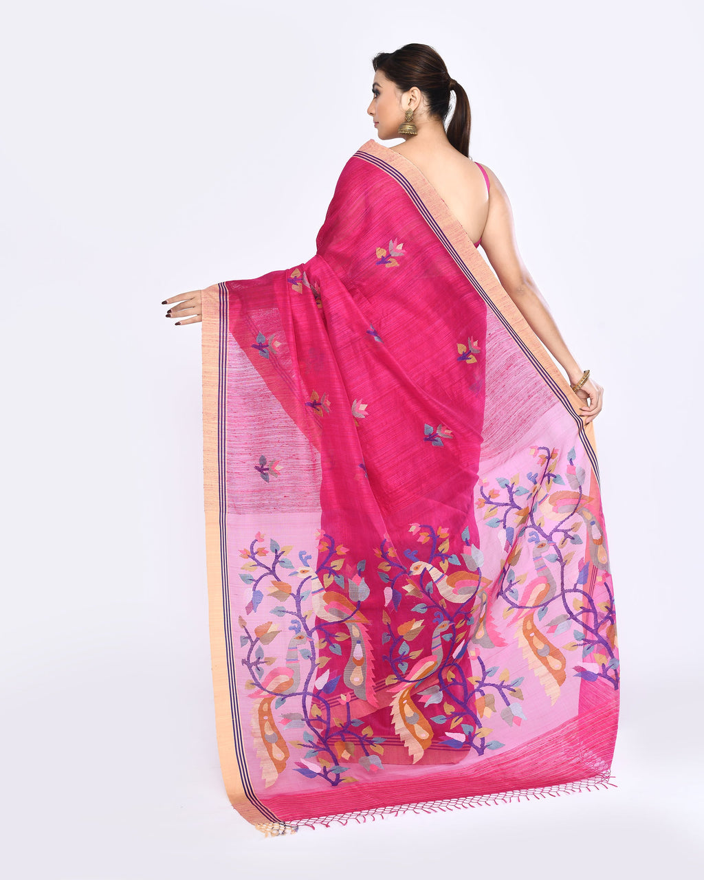 Piyari Fashion Women's Rani Pink Embellished Matka Silk Jamdani Saree