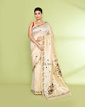 Piyari Fashion Women's Beige Embellished Embroidery Silk Saree