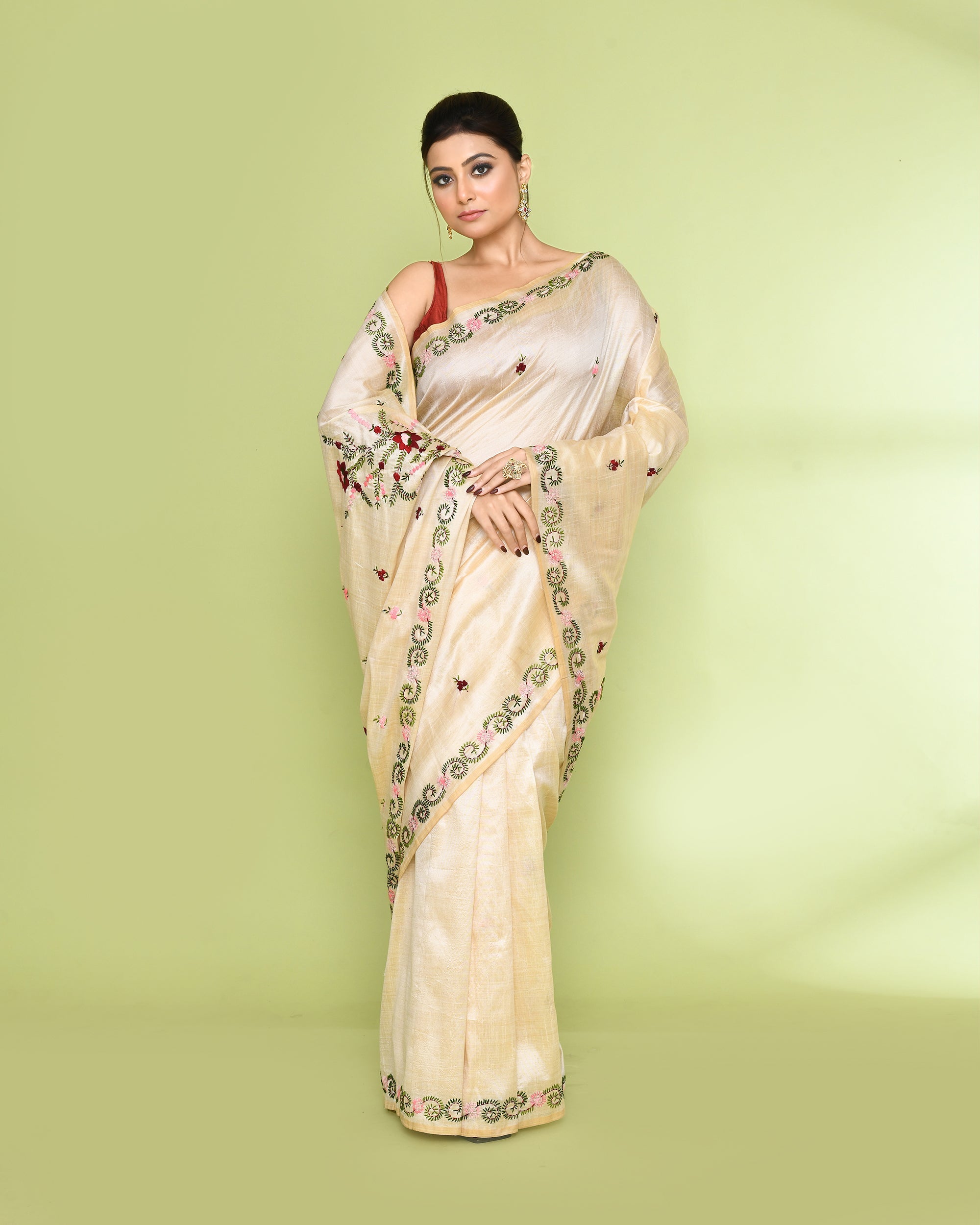Piyari Fashion Women's Beige Embellished Embroidery Silk Saree