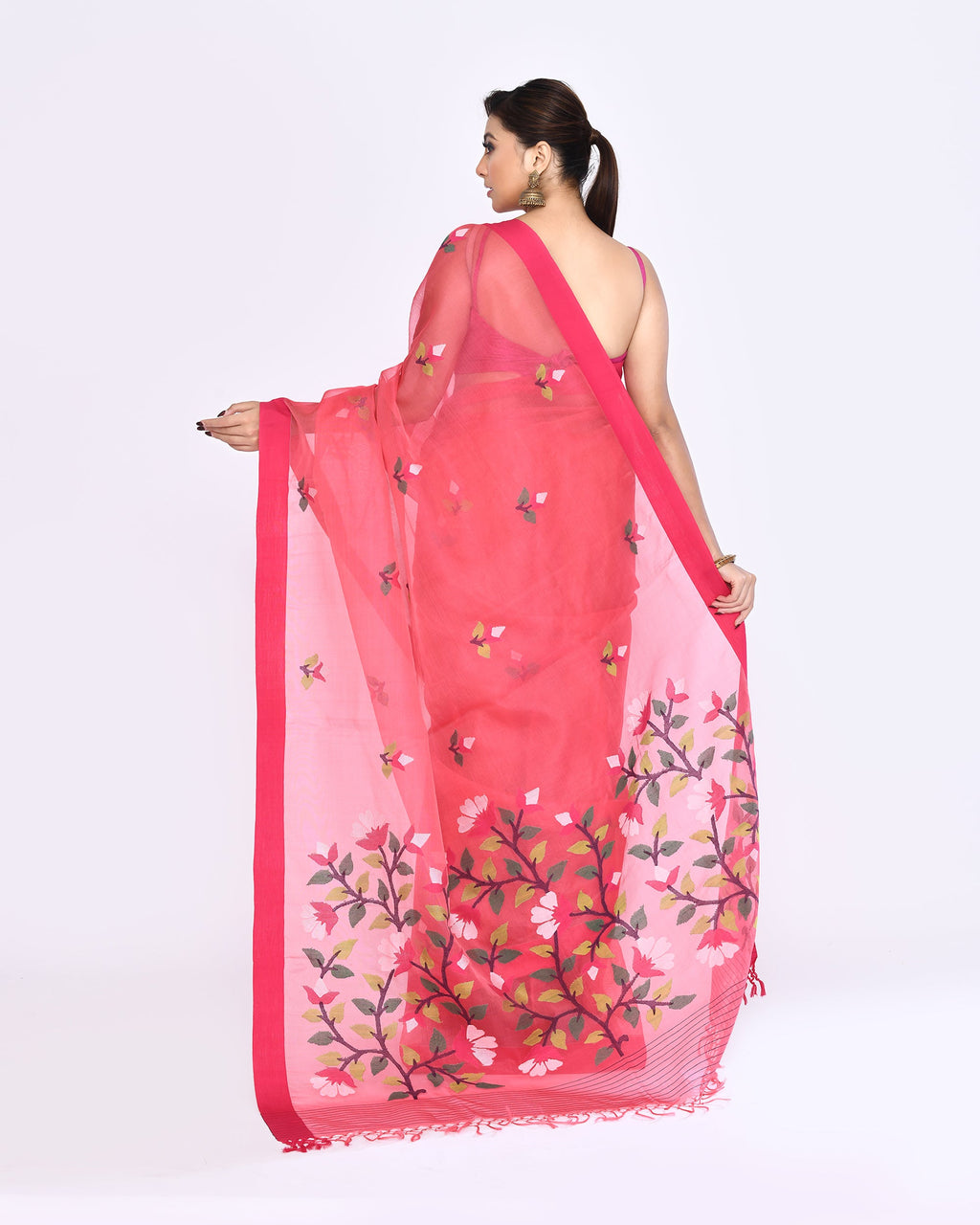 Piyari Fashion Women's Pink Embellished Silk Jamdani Saree