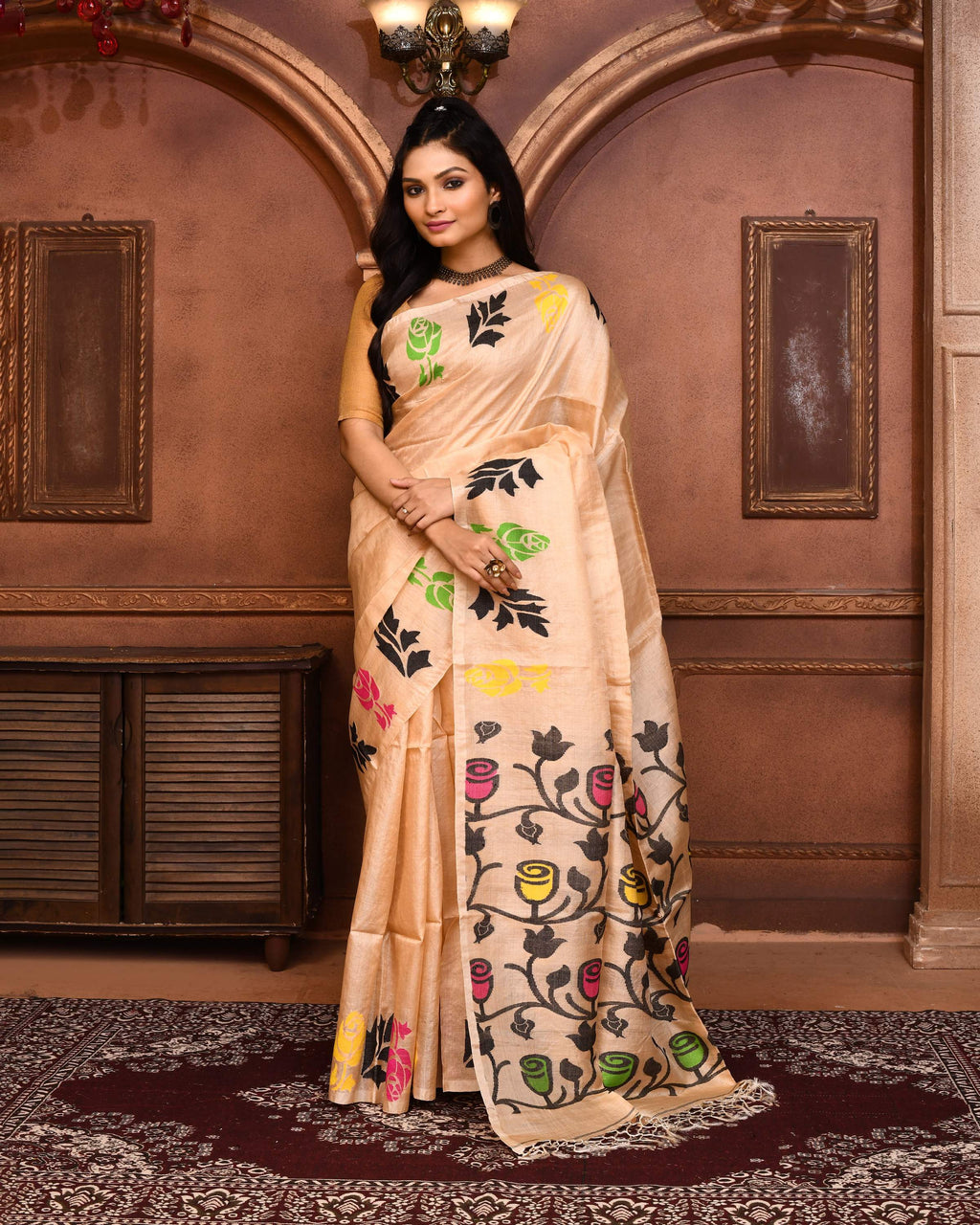 Piyari Fashion Beige Tussar Silk Jamdani Saree With Blouse Piece