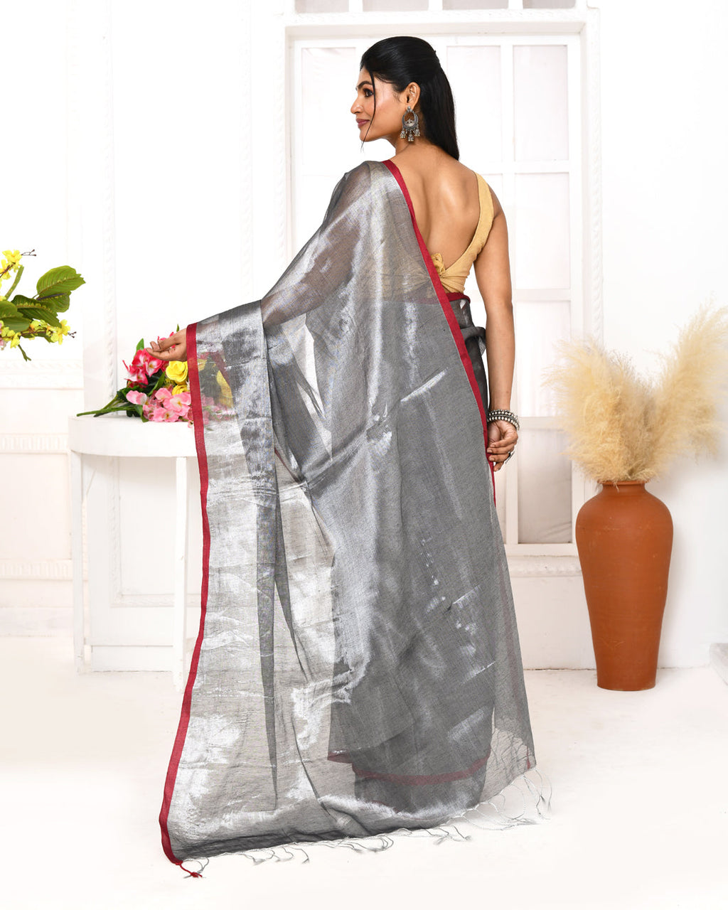 Piyari Fashion Women's Silver Grey Dual Tone Organic Tissue Saree With Blouse Piece