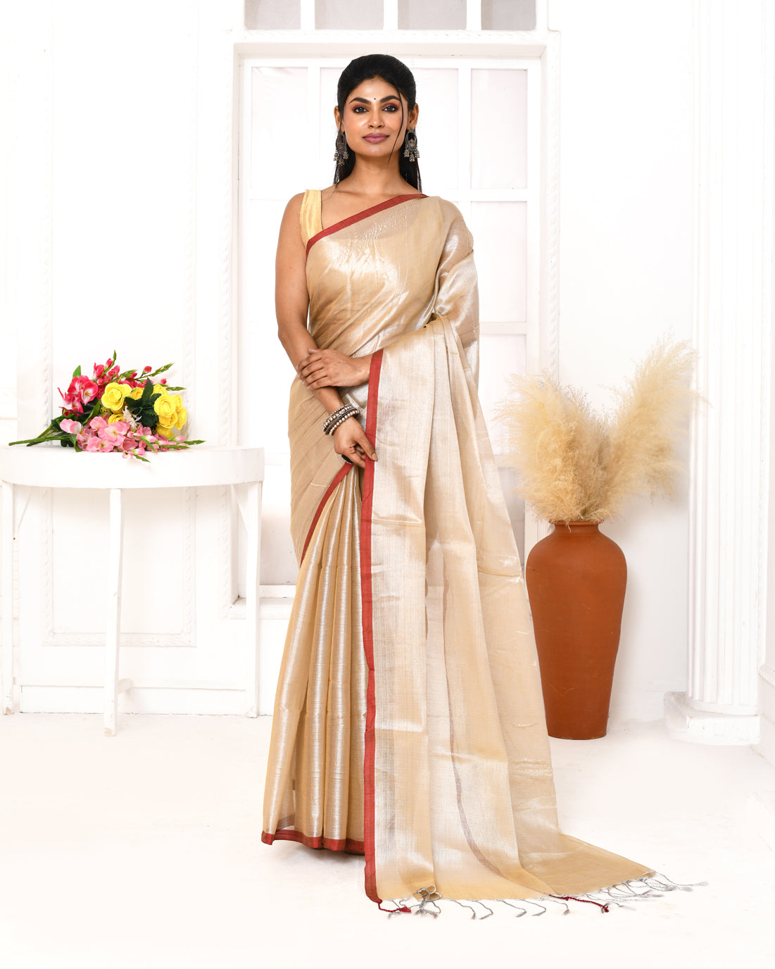 Piyari Fashion Women's Muga Dual Tone Organic Tissue Saree With Blouse Piece