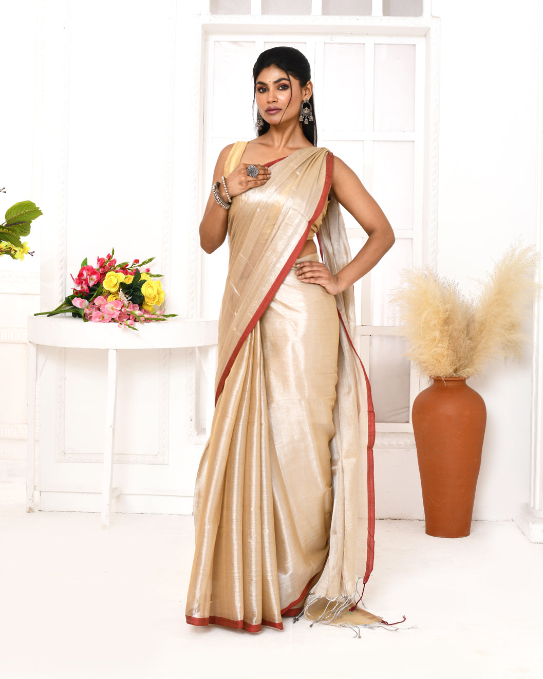 Piyari Fashion Women's Muga Dual Tone Organic Tissue Saree With Blouse Piece
