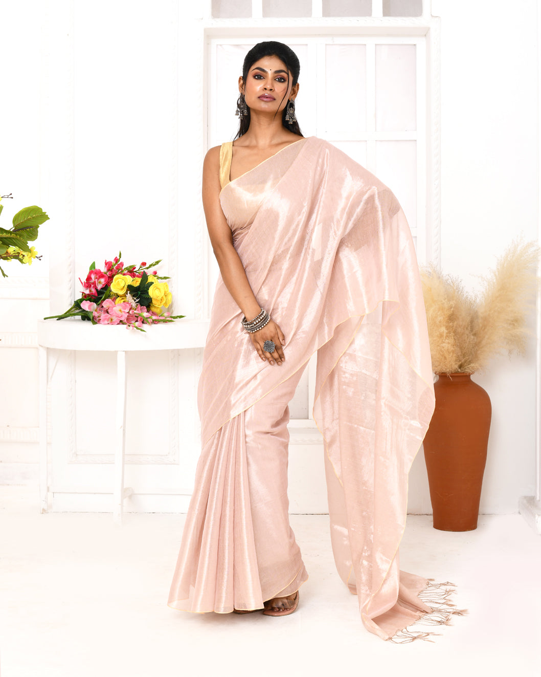 Piyari Fashion Women's Peach Organic Tissue Saree With Blouse Piece