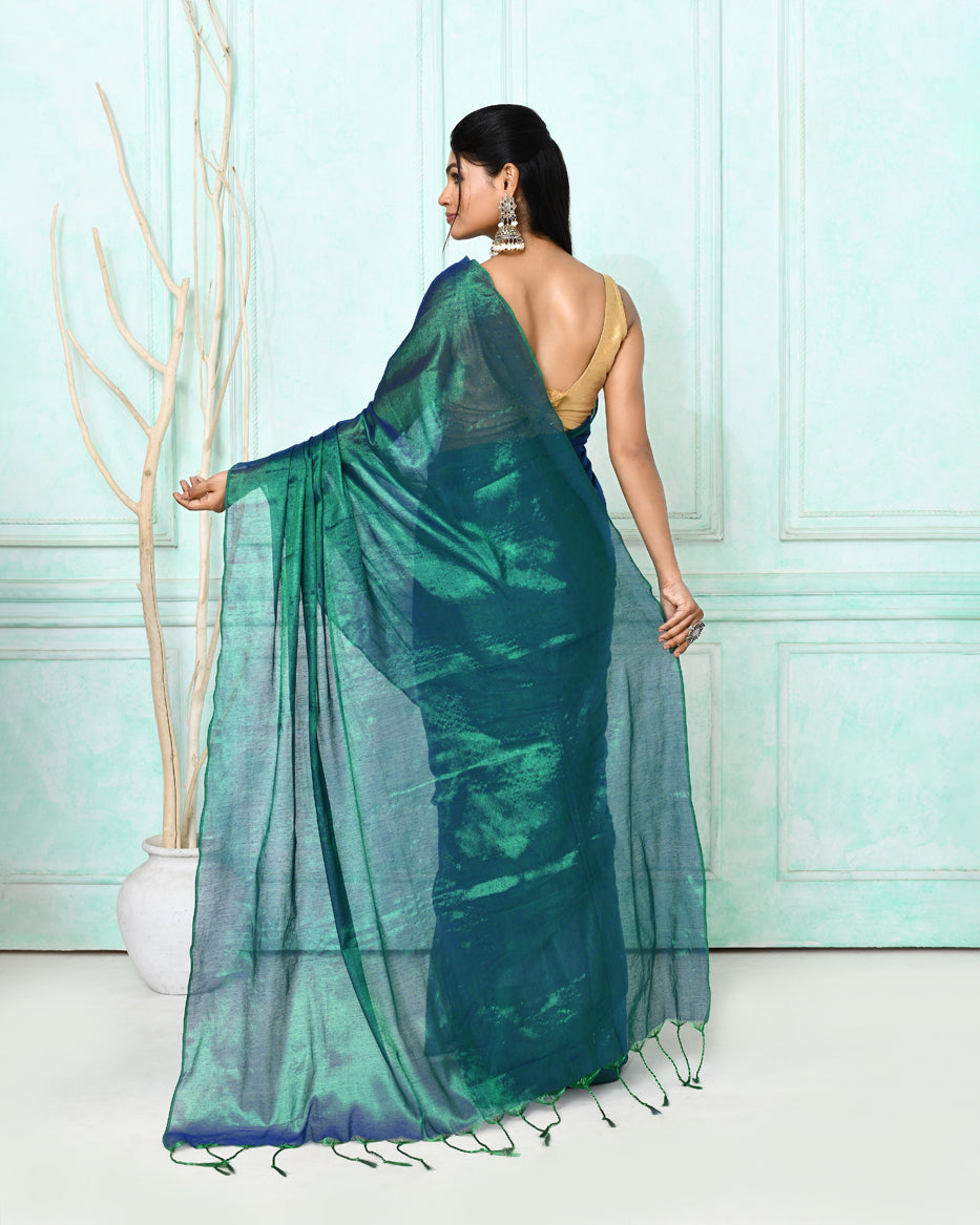Piyari Fashion Women's Green Blue Dual Tone Organic Tissue Saree With Blouse Piece