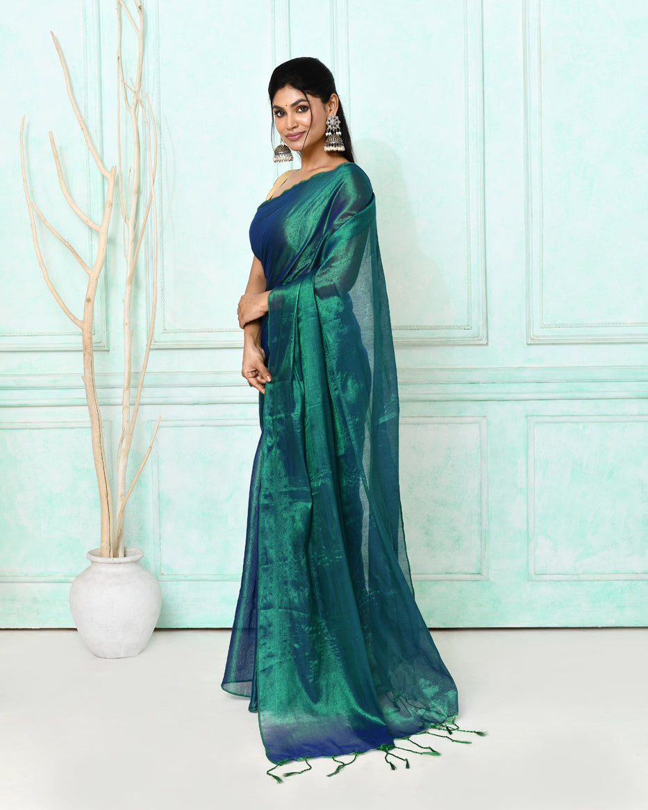 Piyari Fashion Women's Green Blue Dual Tone Organic Tissue Saree With Blouse Piece
